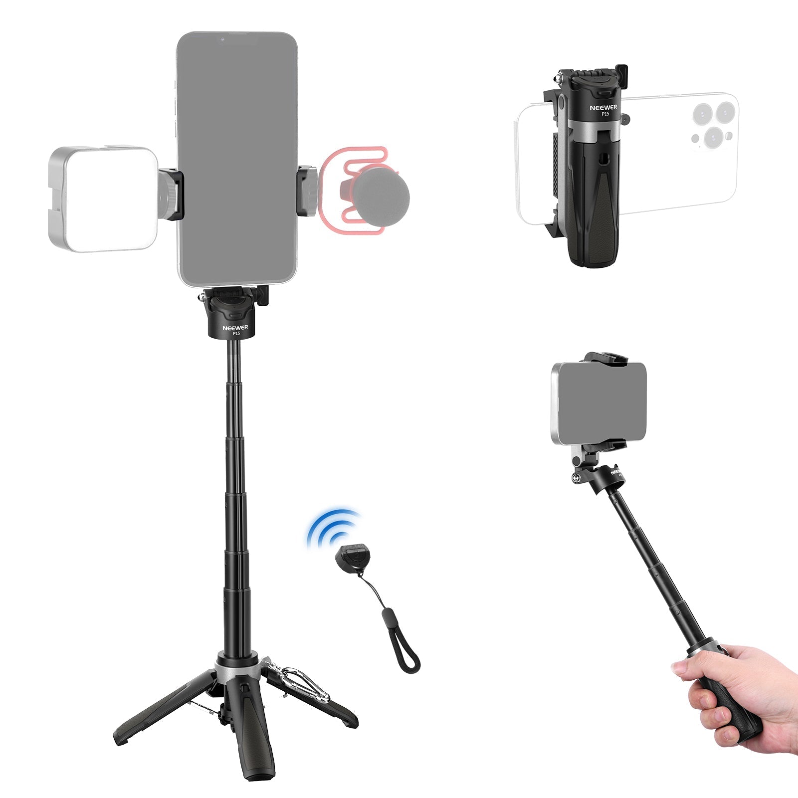 NEEWER P15 Foldable Selfie Stick Tripod with Bluetooth Remote Shutter
