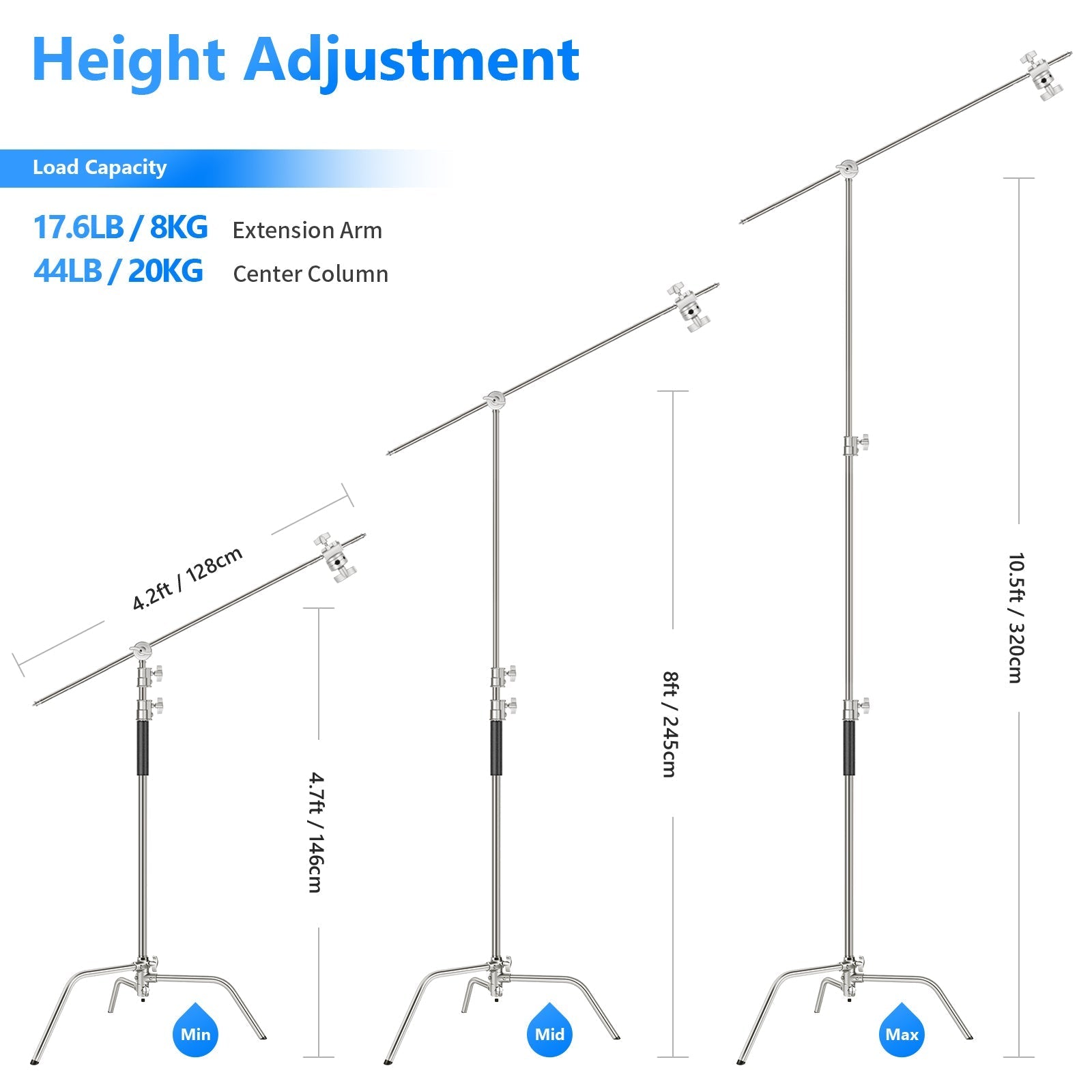 NEEWER SC320 320cm Stainless Steel C Stand with Boom Arm