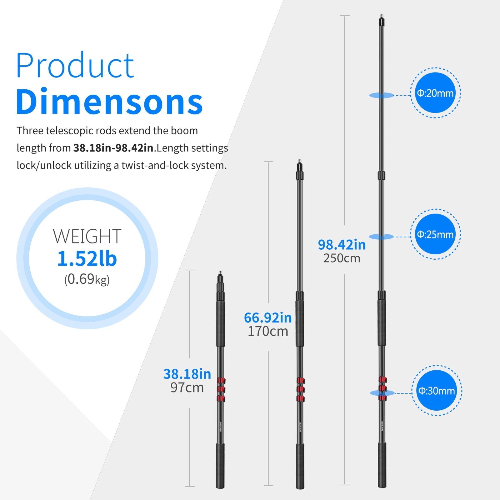 NEEWER NW-7000 Stretchable Handheld Microphone Boom Pole