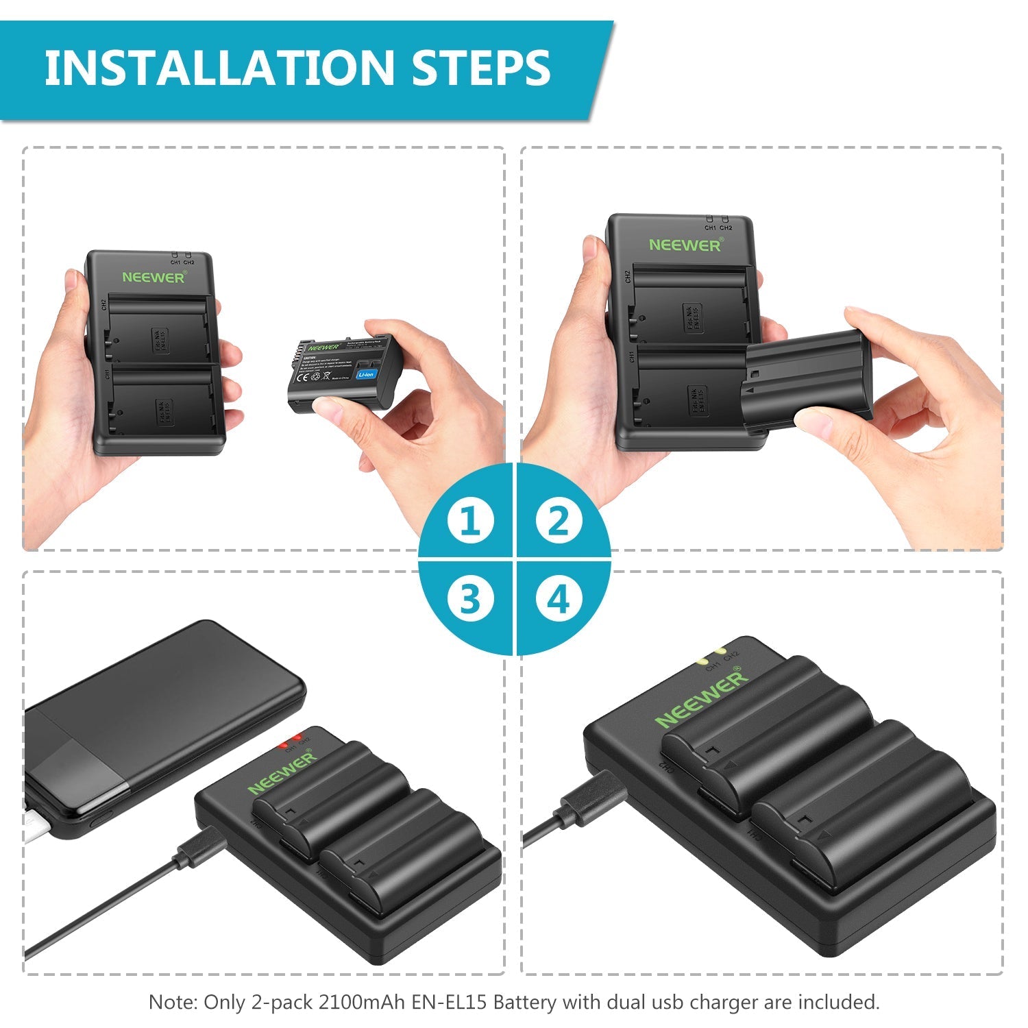 NEEWER Replacement Battery and Charger Set for Nikon EN-EL15