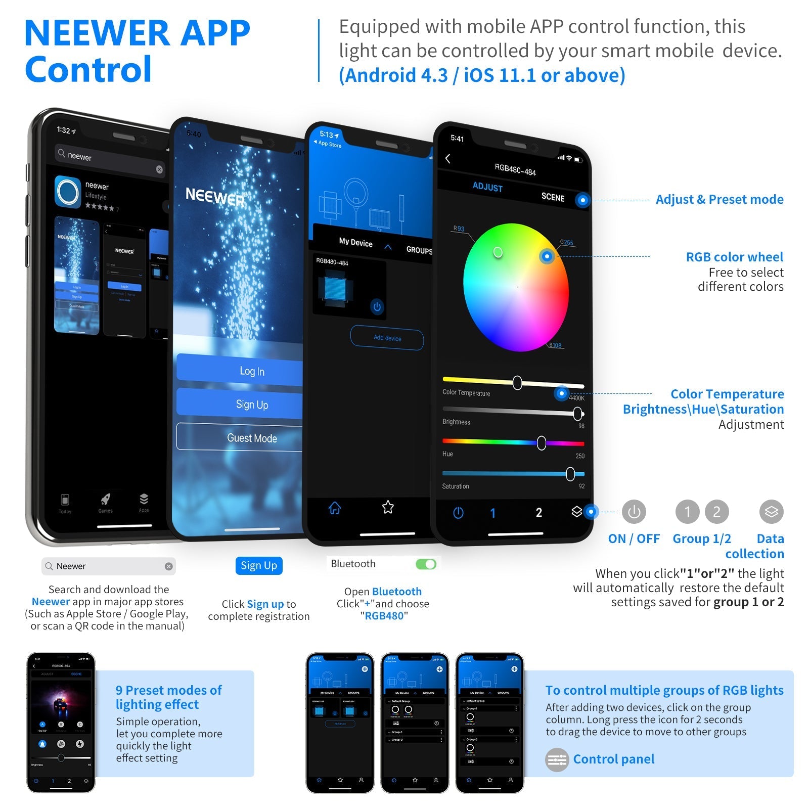 NEEWER 2 Pack RGB480 APP Control RGB LED Light