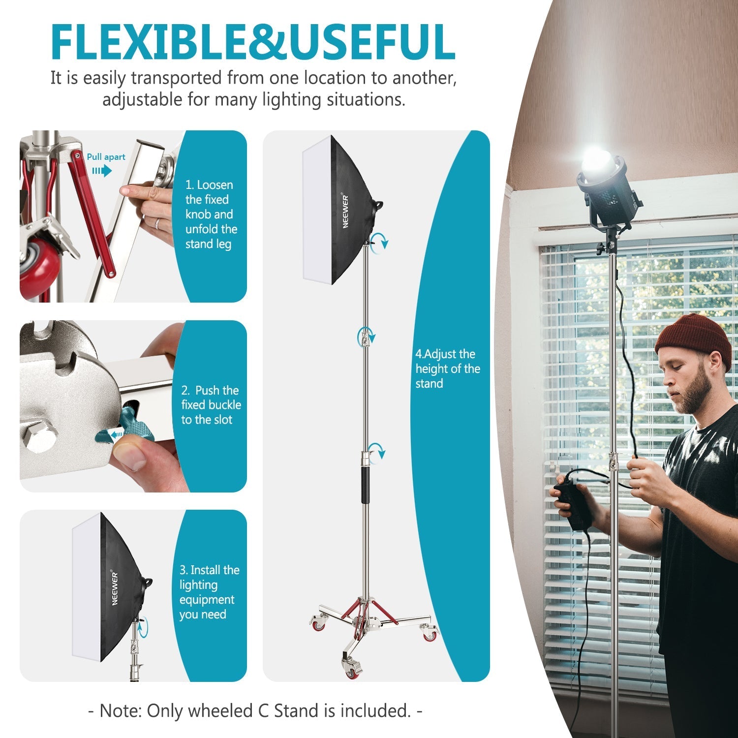 NEEWER SC305W 305cm Heavy Duty Stainless Steel Light Stand with Casters