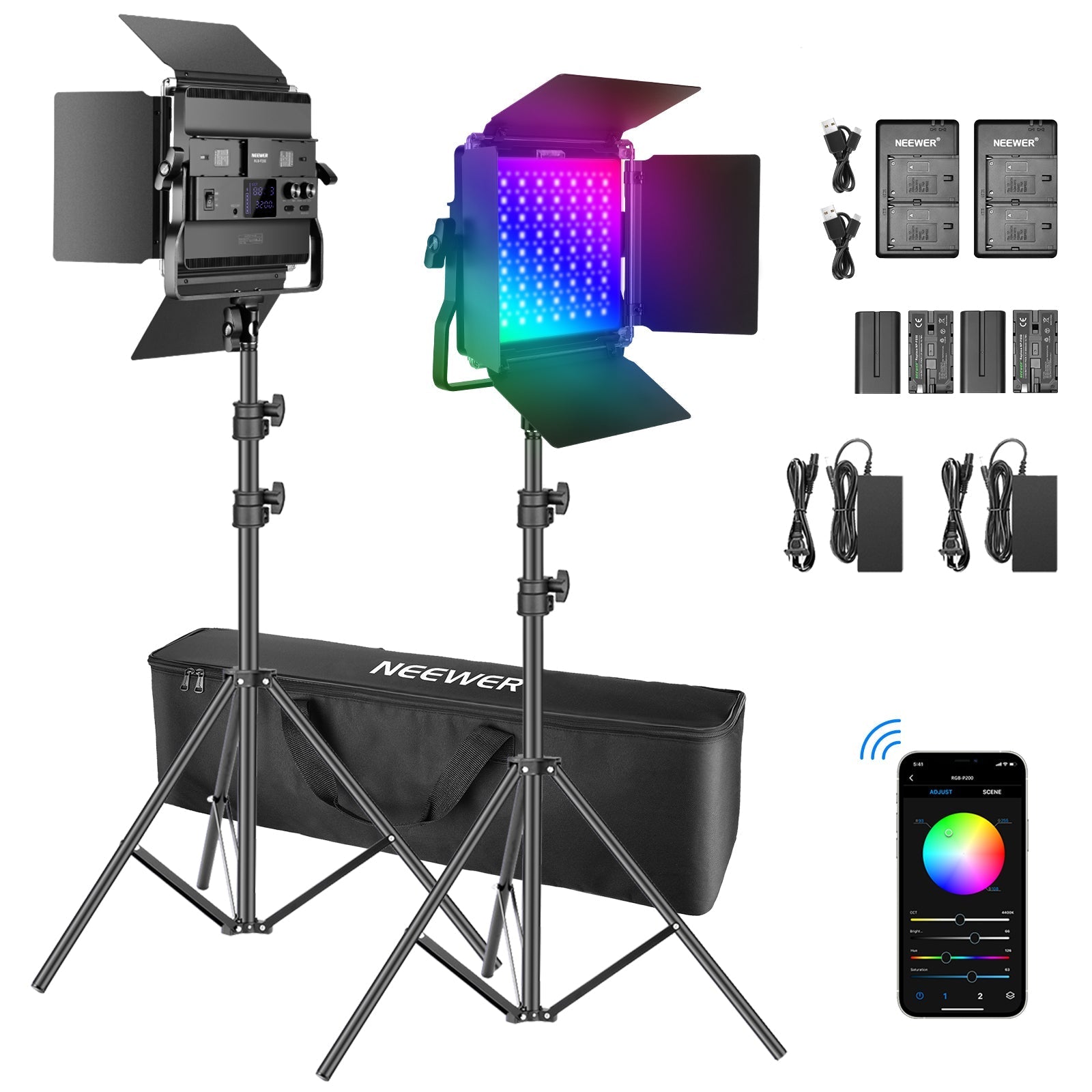 NEEWER 2 Pack P200 RGB LED Video Light Kit with APP Control
