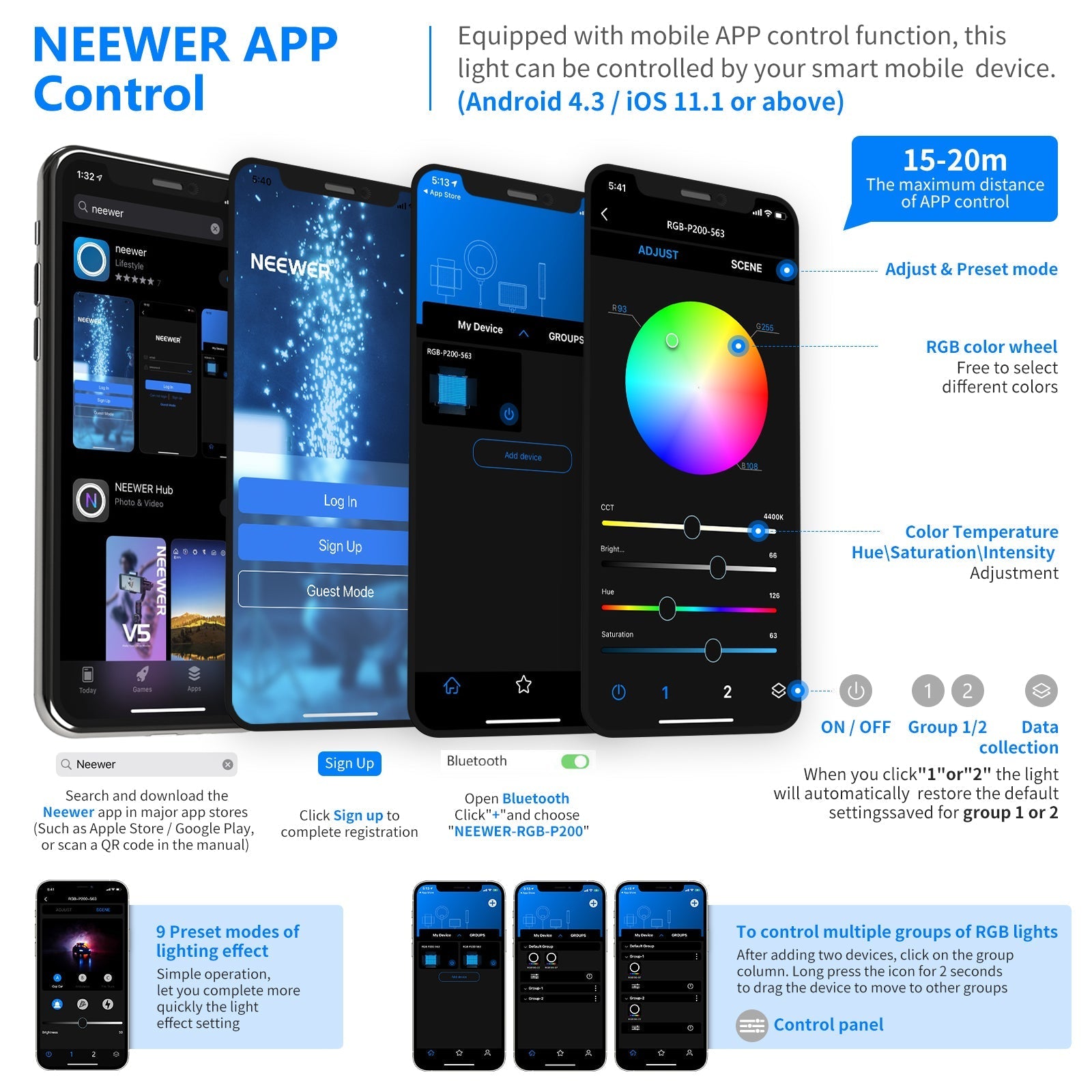 NEEWER 2 Pack P200 RGB LED Video Light Kit with APP Control