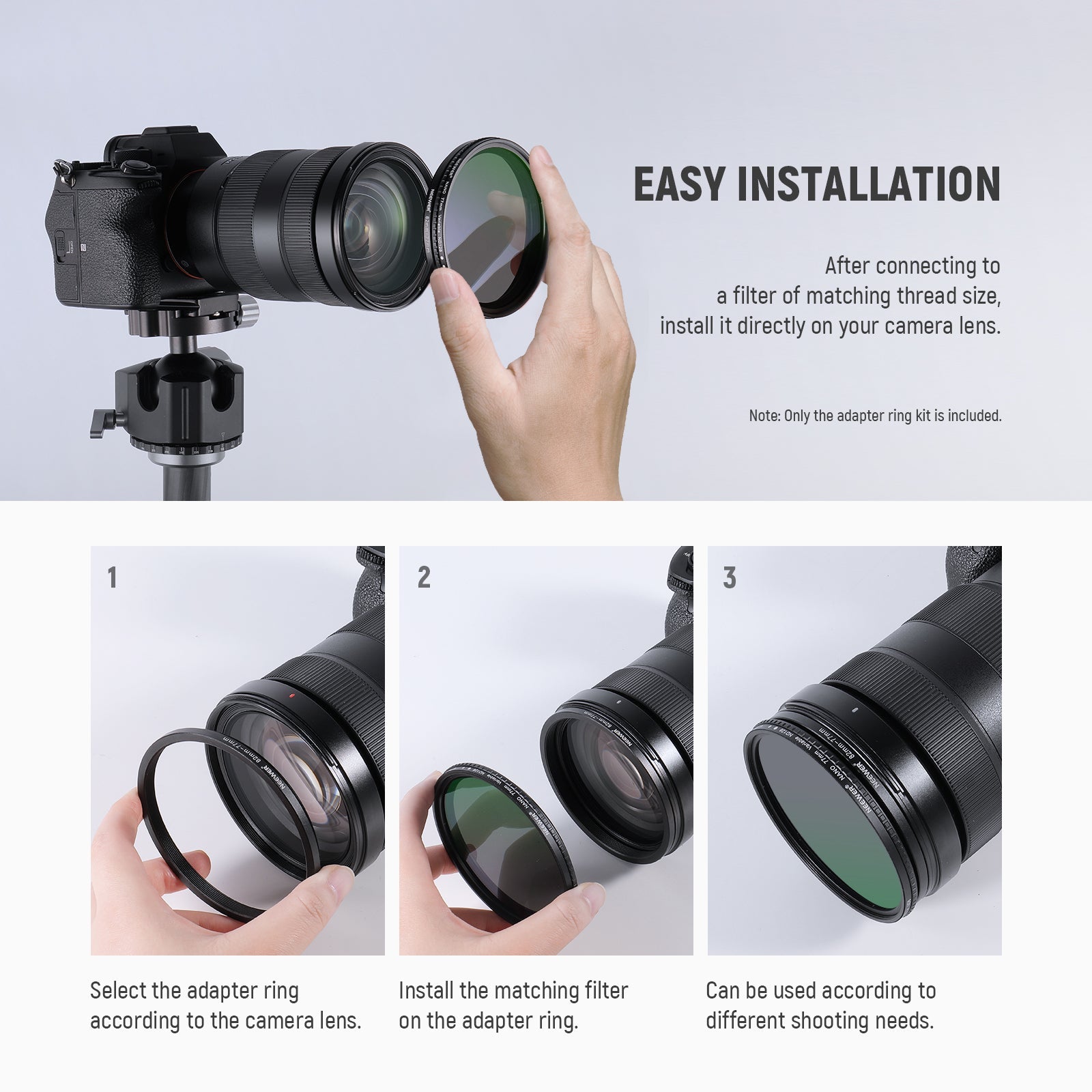 NEEWER 20 Pieces Anodized Black Metal Lens Filter Adapter Ring Kit