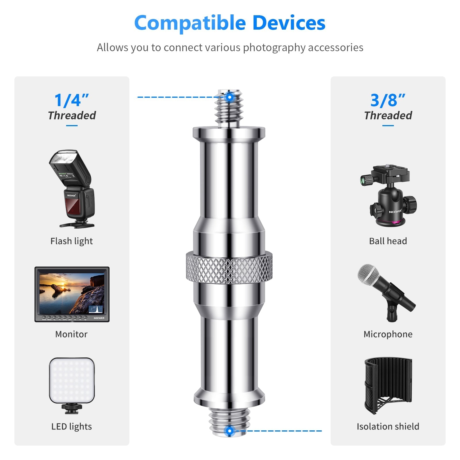 NEEWER ST23 3 Pack Standard 1/4” to 3/8” Metal Male Converter Threaded Screw Adapter