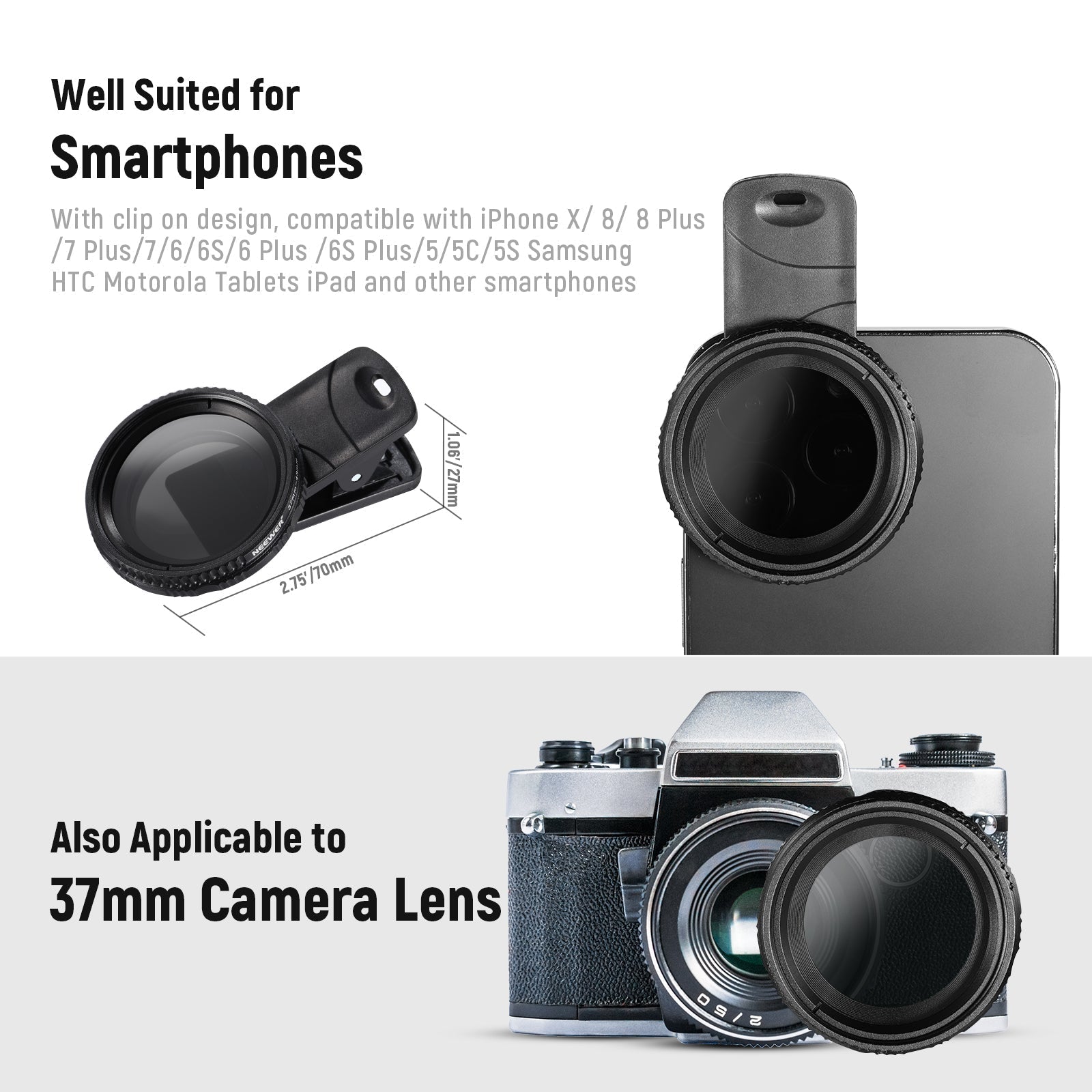 NEEWER FL-37 37mm Clip On ND2-ND400 Phone Camera Lens Filter Kit