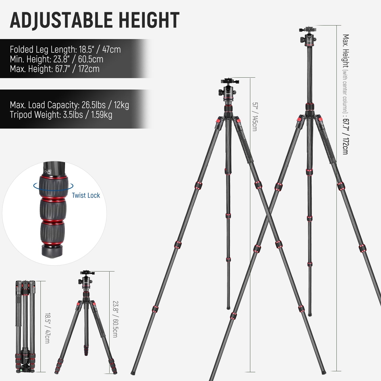 NEEWER N55C 68" Carbon Fiber Tripod Monopod