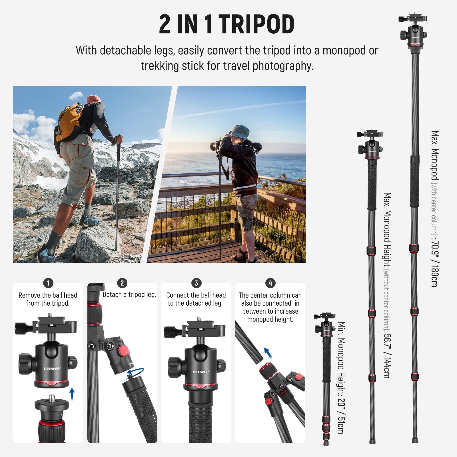 NEEWER N55C 68" Carbon Fiber Tripod Monopod