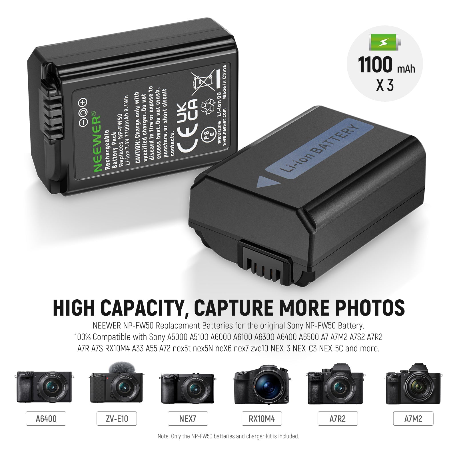 NEEWER 3 Pack Replacement Battery and Charger Set for Sony NP-FW50