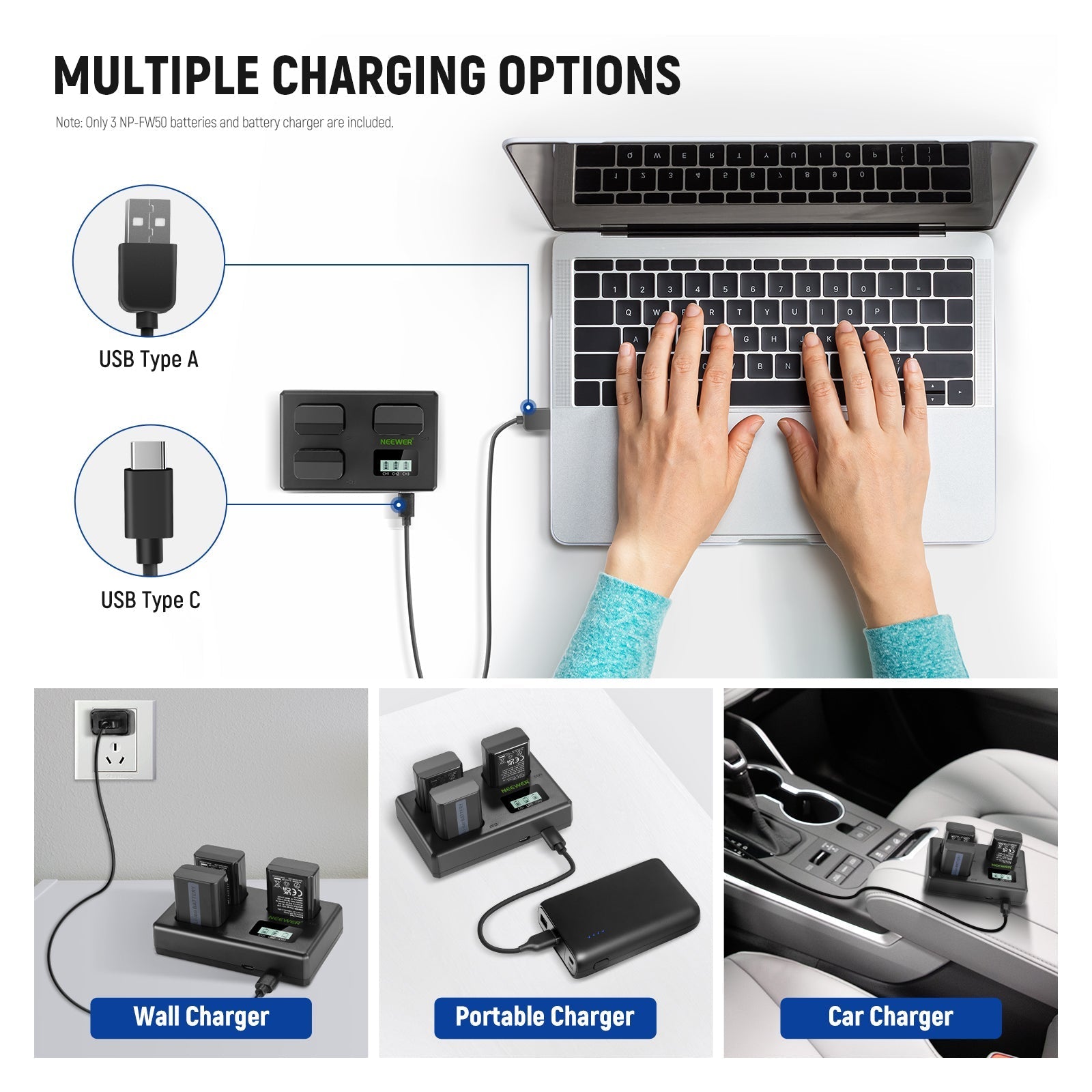 NEEWER 3 Pack Replacement Battery and Charger Set for Sony NP-FW50