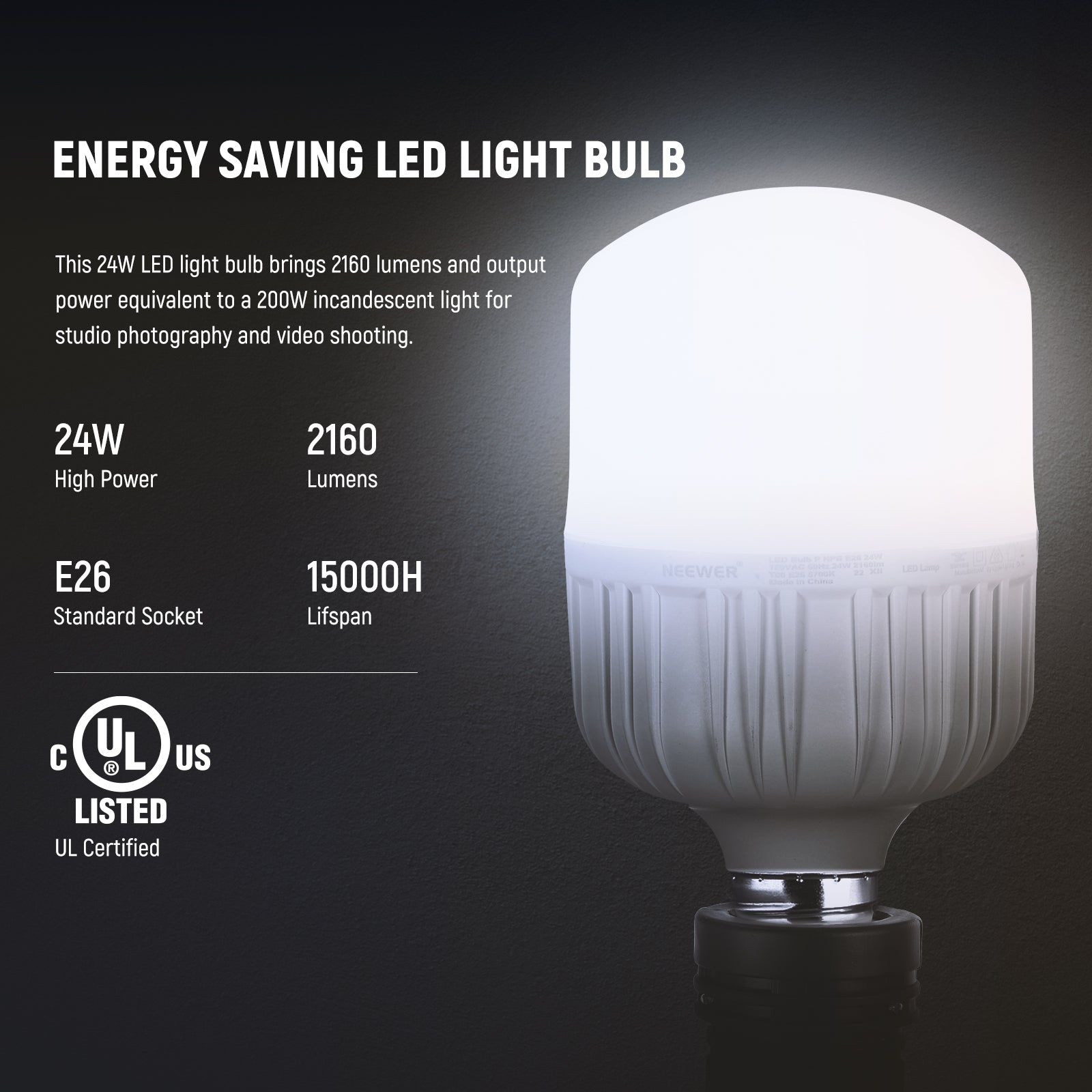 NEEWER T80 2 Packs E26 24W LED Light Bulbs