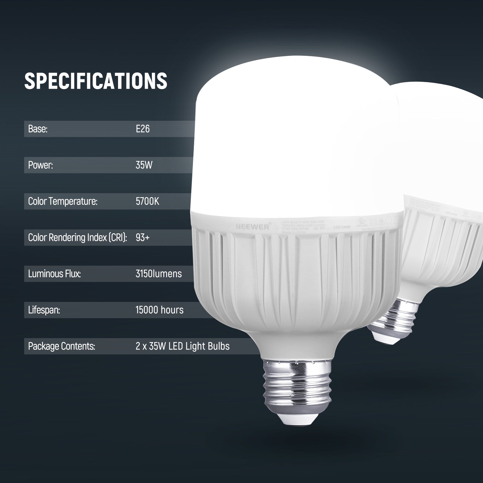 NEEWER T100 2 Packs E26 35W LED Light Bulbs