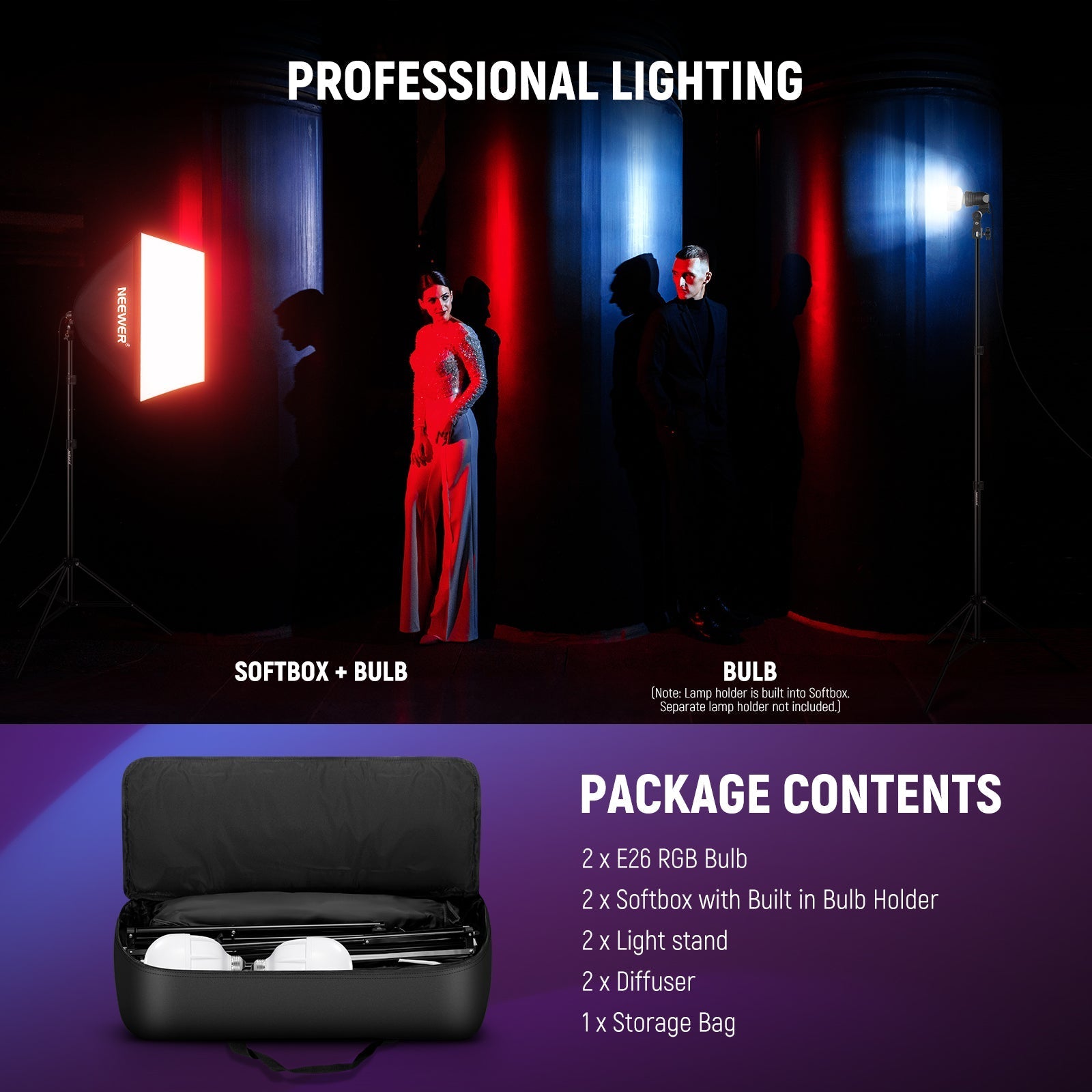 NEEWER NK800 24"x24"/60x60cm RGB Softbox Lighting Kit with App Control