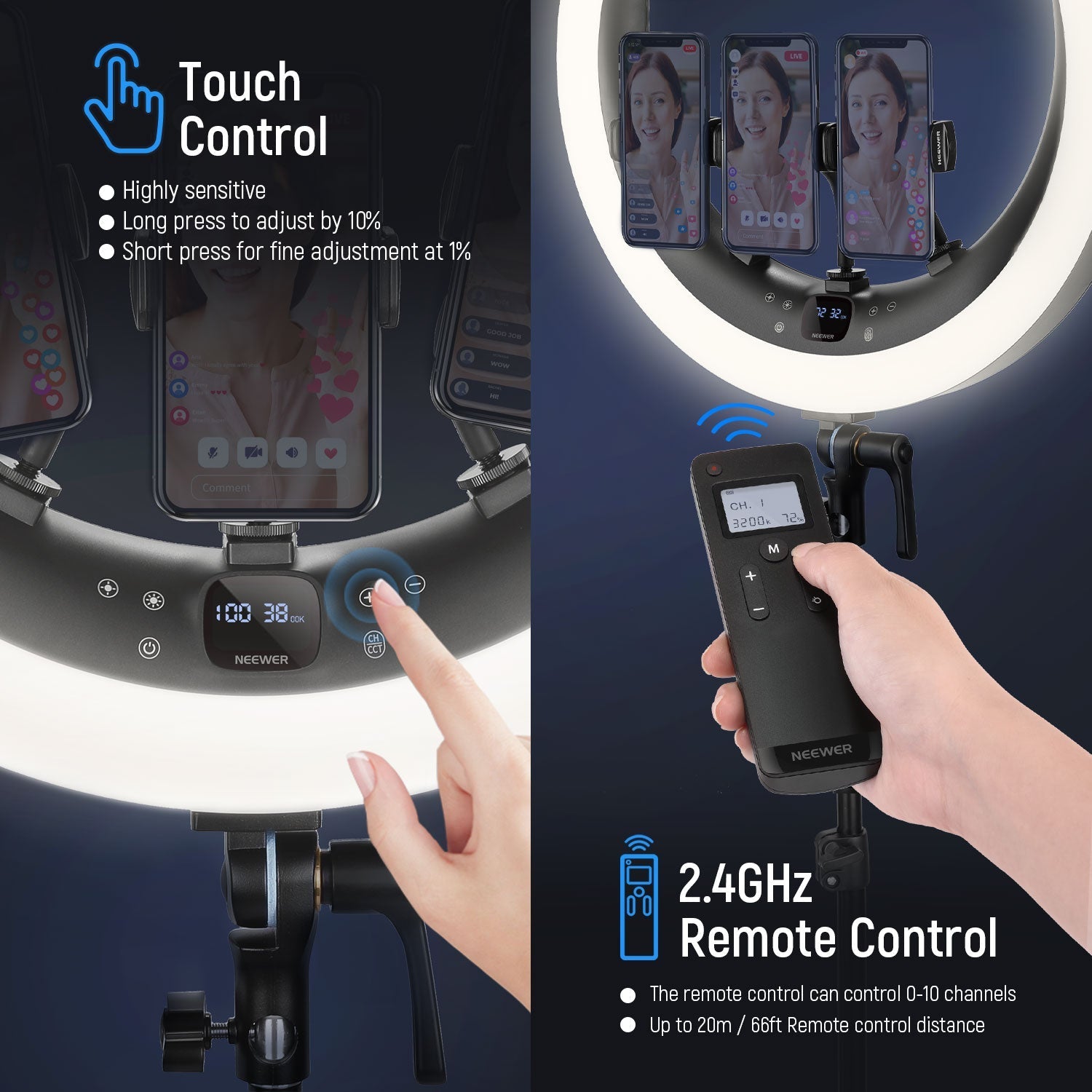 NEEWER RP19H 19 Inch LED Ring Light With 3 Phone Holders