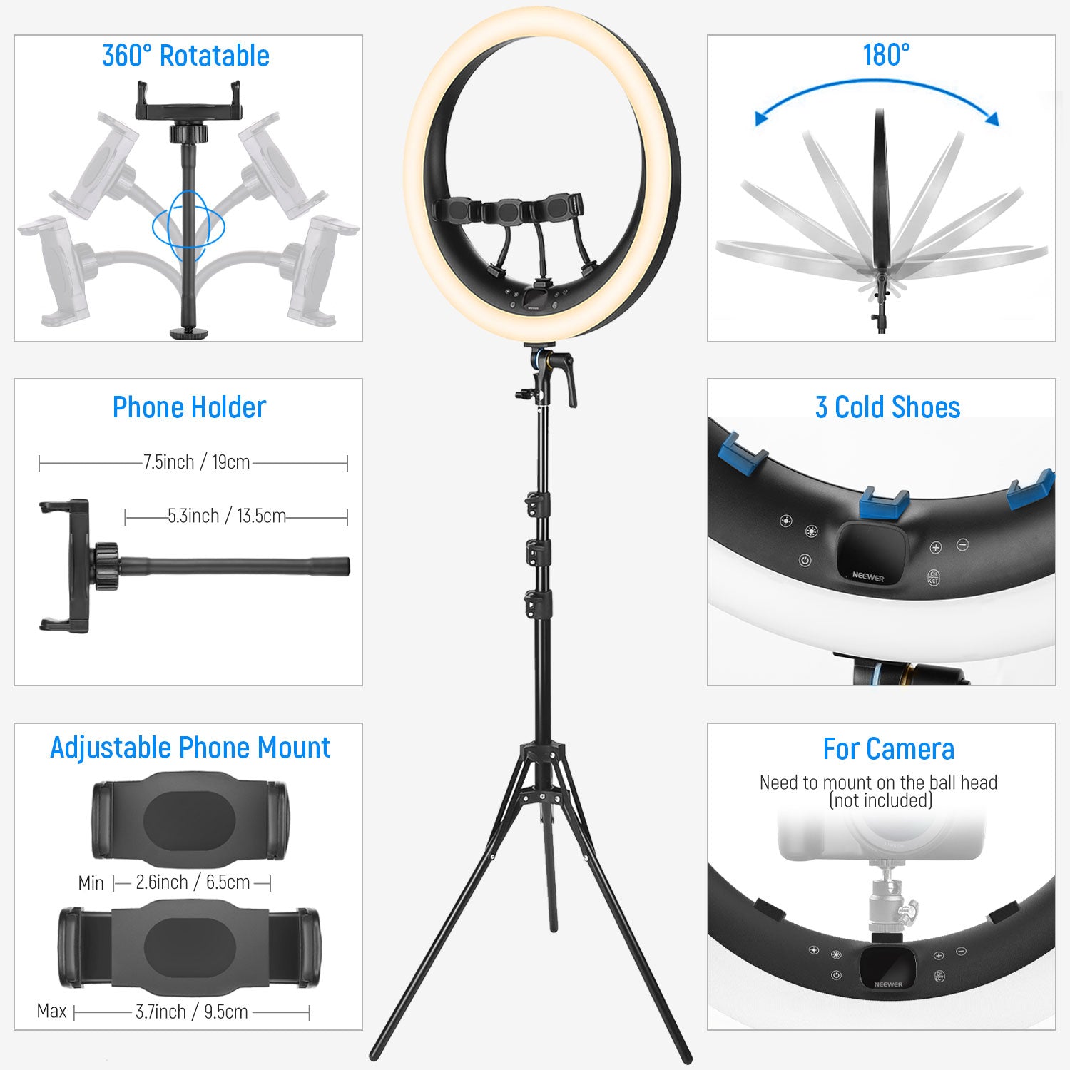 NEEWER RP19H 19 Inch LED Ring Light With 3 Phone Holders