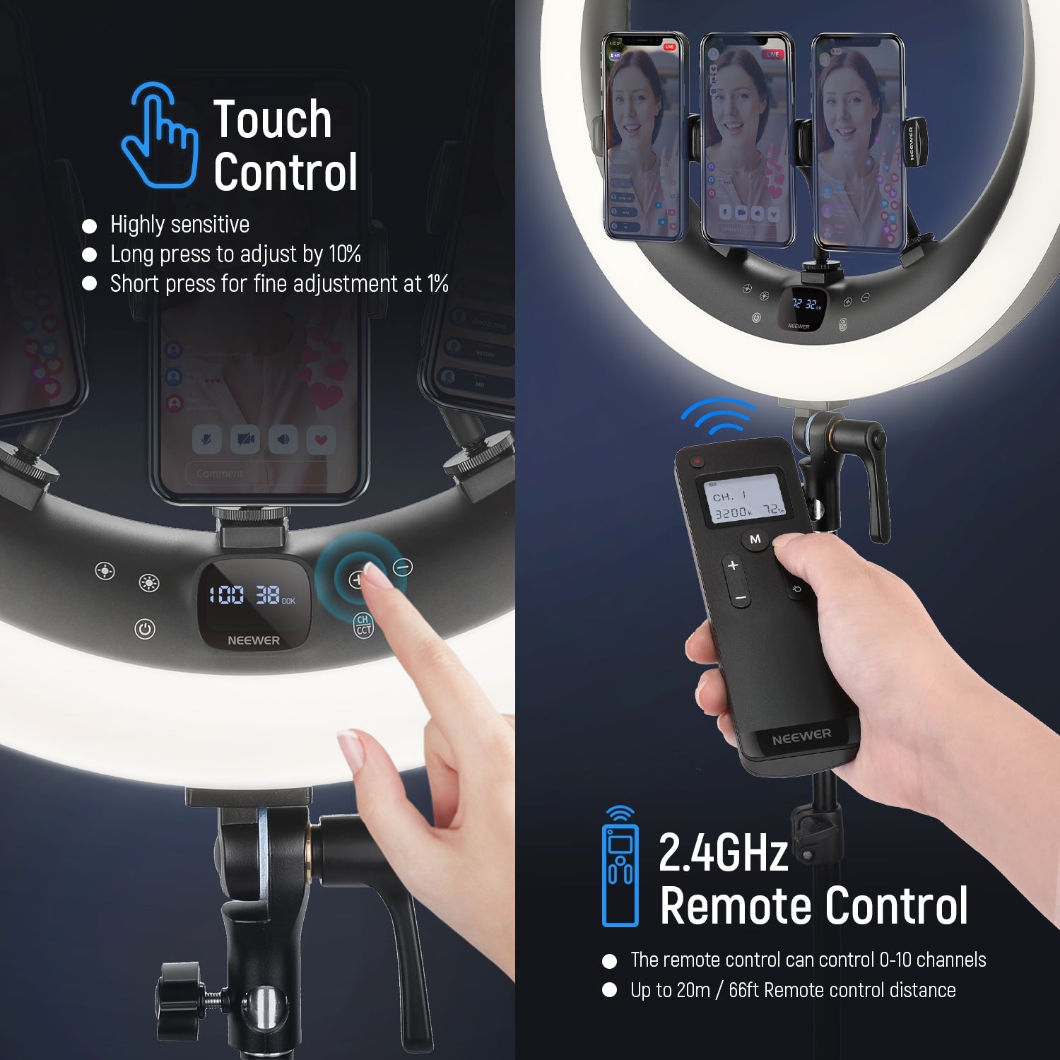 NEEWER RP19H 19 Inch LED Ring Light With 3 Phone Holders