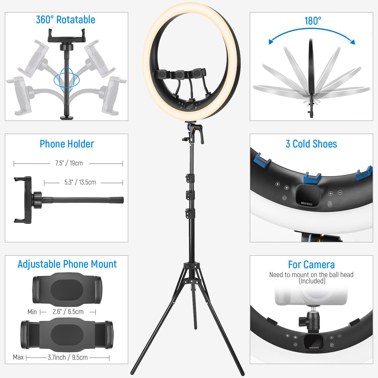 NEEWER RP19H 19 Inch LED Ring Light With 3 Phone Holders