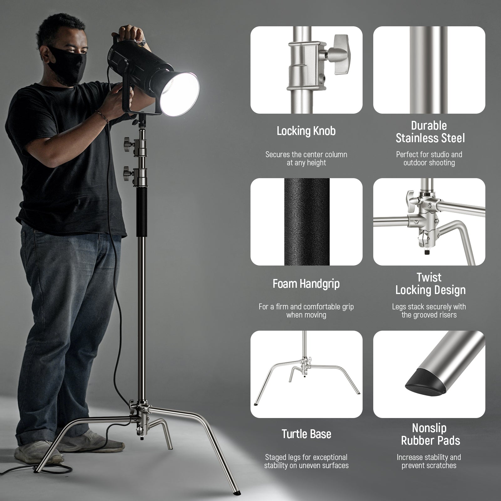 NEEWER Pro 330cm Stainless Steel C Stand with Boom Arm