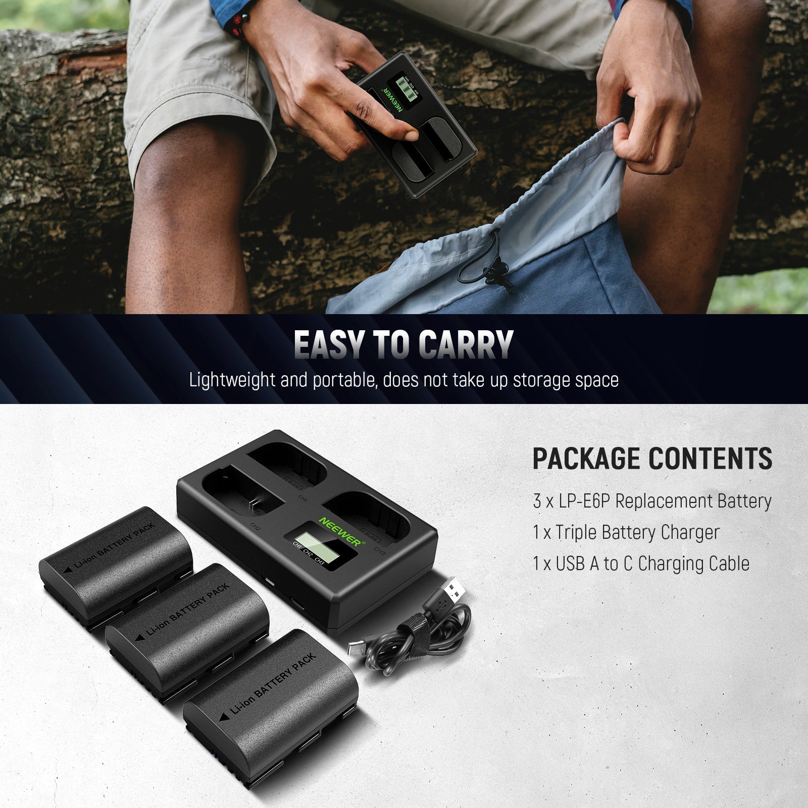NEEWER 3 Pack 2200mAh LP-E6P/LP-E6NH Replacement Batteries For Canon