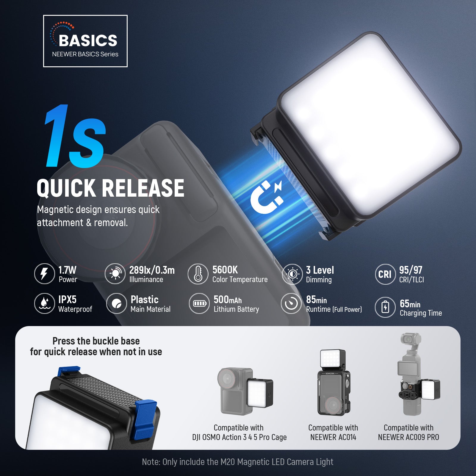 NEEWER BASICS M20 Magnetic Mini Light for DJI OSMO Action 3/4/5 PRO