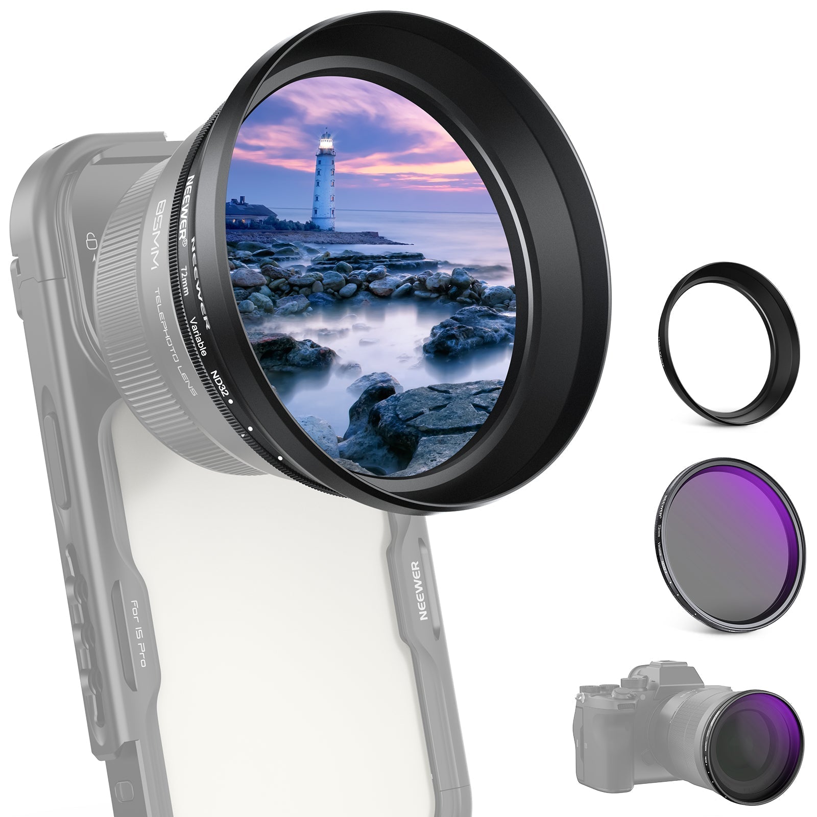 NEEWER 72mm Variable ND2-32 Filter with Lens Hood for 85mm Telephoto Phone Lens