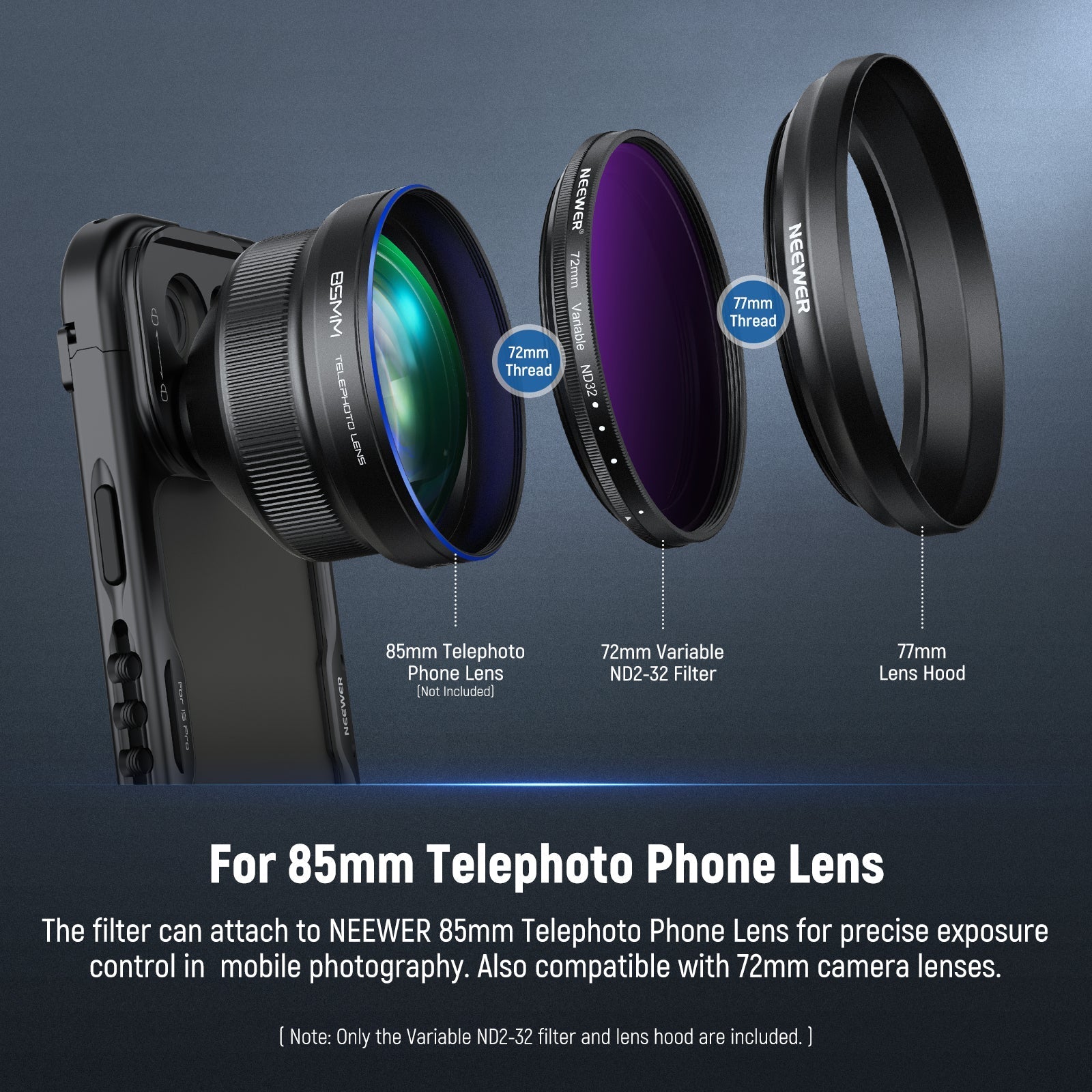 NEEWER 72mm Variable ND2-32 Filter with Lens Hood for 85mm Telephoto Phone Lens
