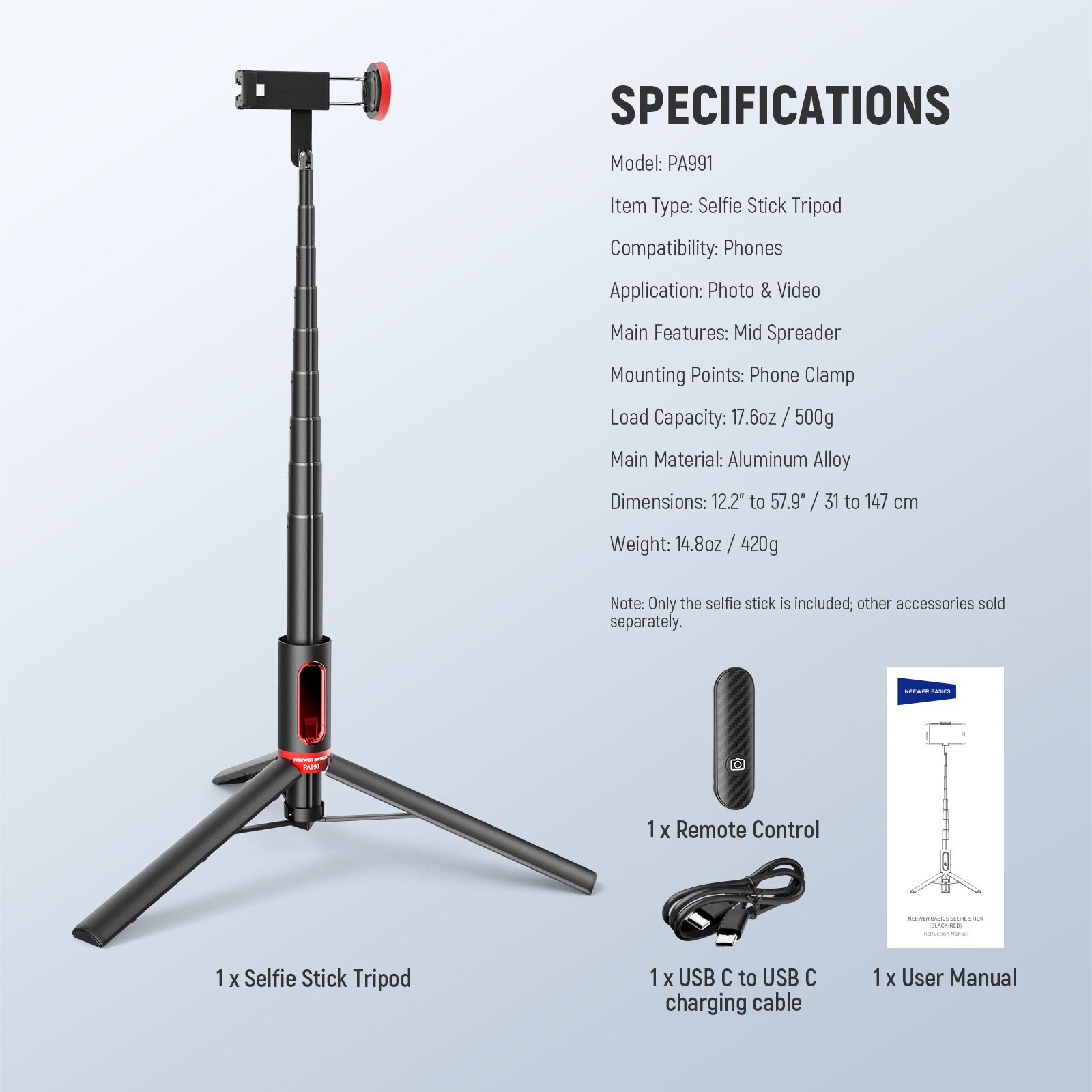 NEEWER BASICS PA991 57.9" Selfie Stick Tripod