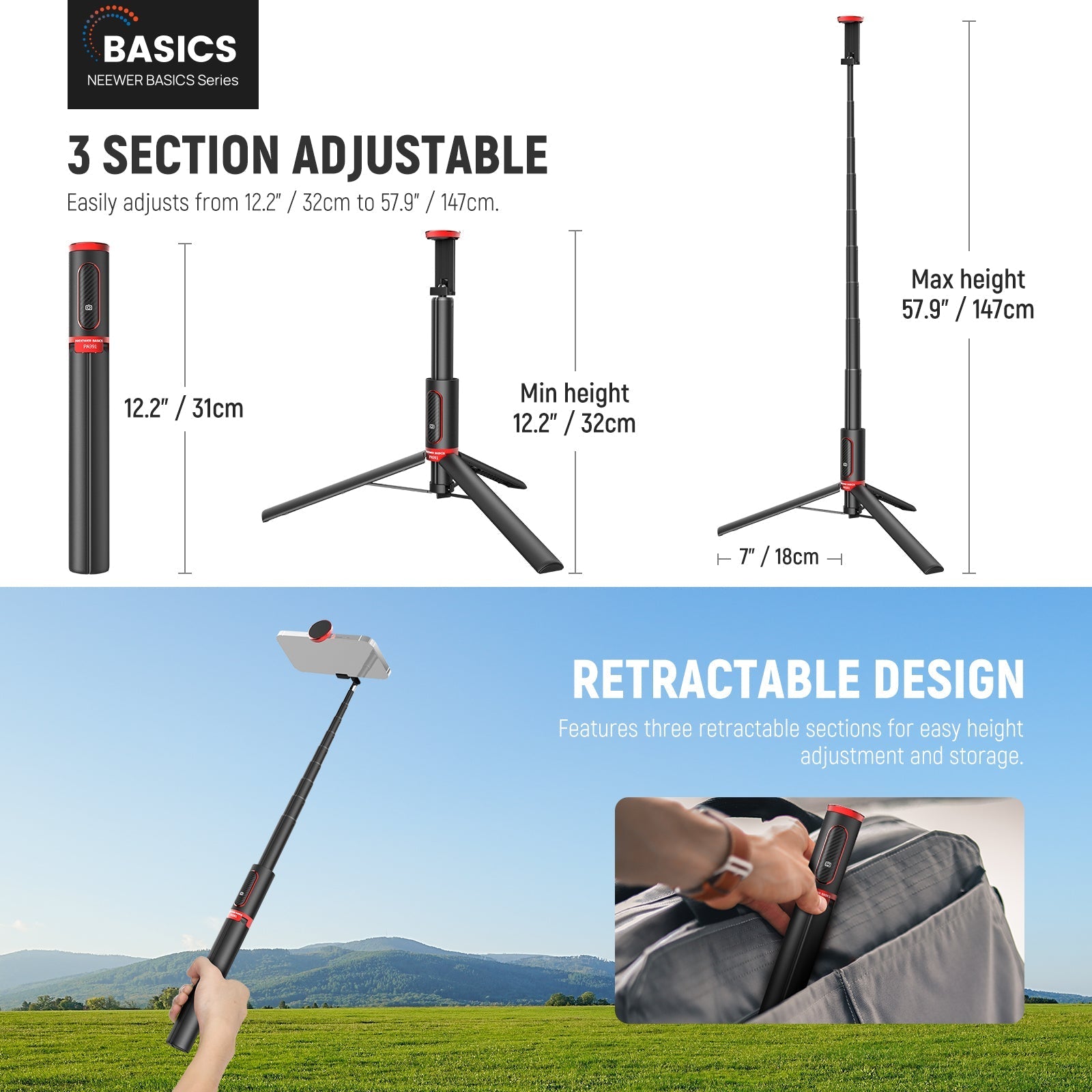 NEEWER BASICS PA991 57.9" Selfie Stick Tripod