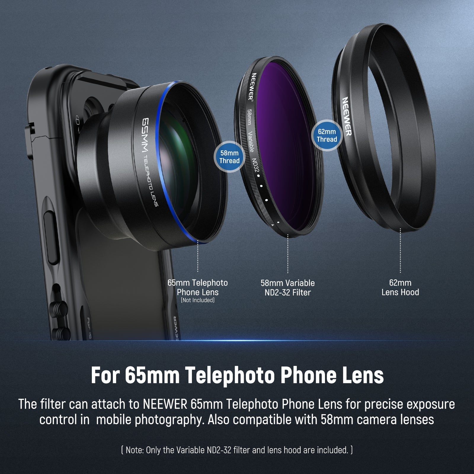 NEEWER 58mm Variable ND2-32 Filter with Lens Hood for 65mm Telephoto Phone Lens