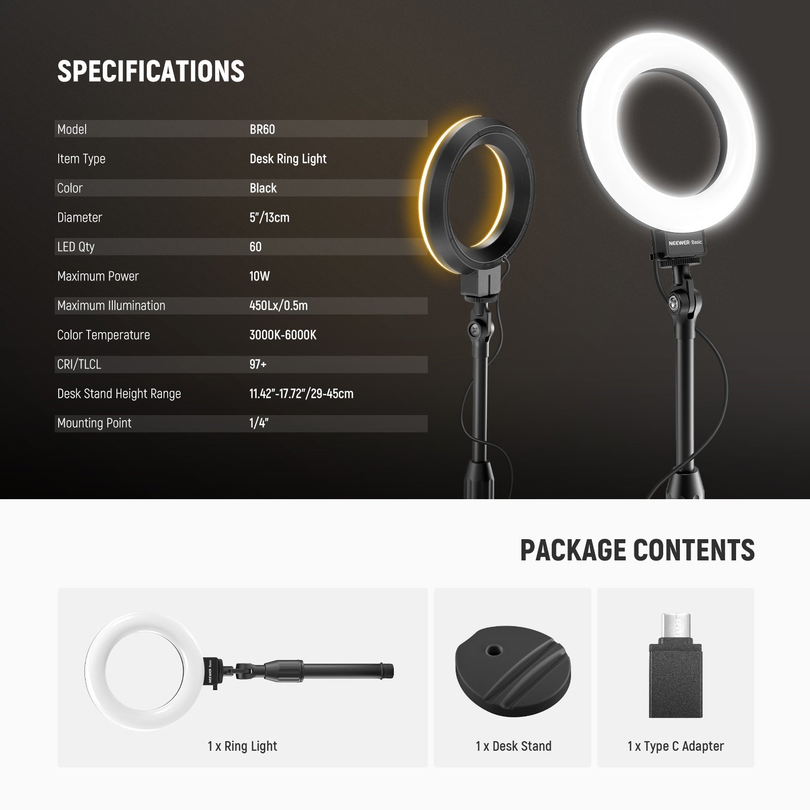 NEEWER BASICS BR60 5"/13cm Desk Ring Light with Stand