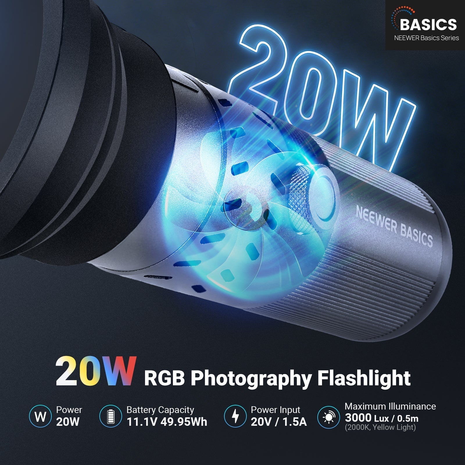 NEEWER BASICS FL20 20W RGB Portable Photography Flashlight