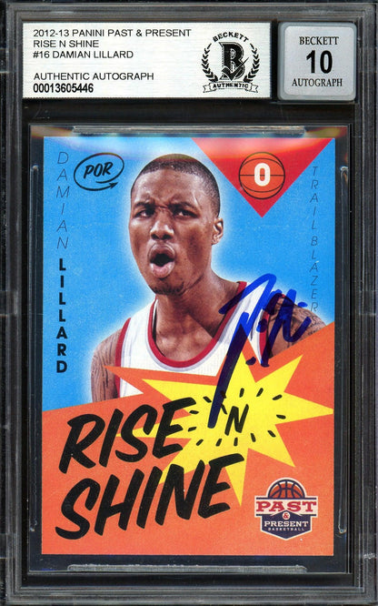 Damian Lillard Autographed 2012-13 Panini Past & Present Rise N Shine Rookie Card #16 Portland Trail Blazers Auto Grade Gem Mint 10 Beckett BAS #13605446