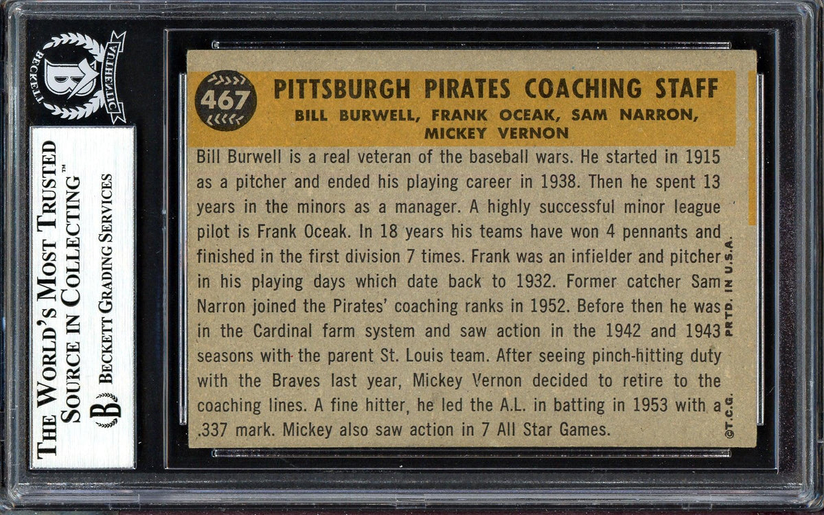 Bill Burwell & Mickey Vernon Autographed 1960 Topps Card #467 Pittsburgh Pirates Beckett BAS #13608557