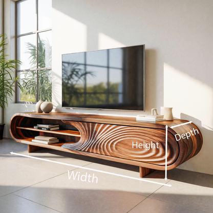 Modern Sculptural Wood TV Stand With Curved Grain Pattern For Living Room
