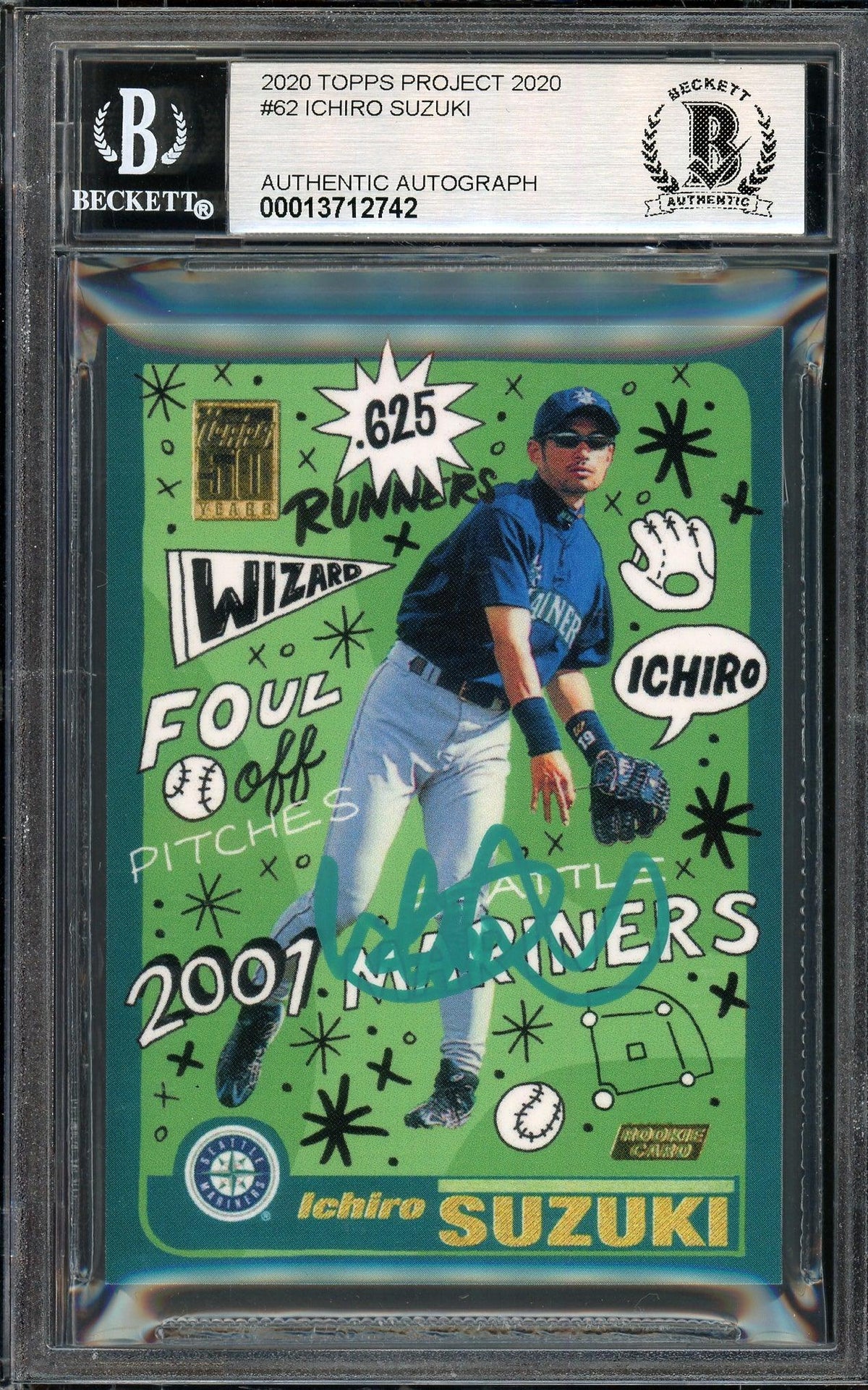 Ichiro Suzuki Autographed Topps Project 2020 Sophia Chang Card #62 Seattle Mariners Auto Grade Gem Mint 10 Teal #/10 Beckett BAS Stock #200957