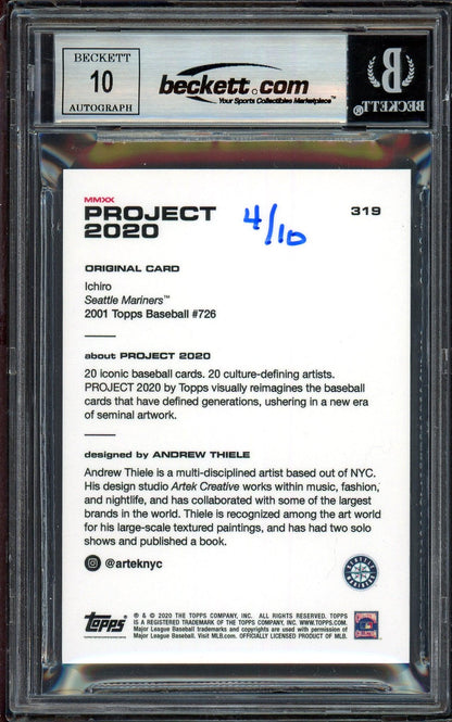 Ichiro Suzuki Autographed Topps Project 2020 Andrew Thiele Card #319 Seattle Mariners Auto Grade Gem Mint 10 Lime Green #/10 Beckett BAS Stock #201043