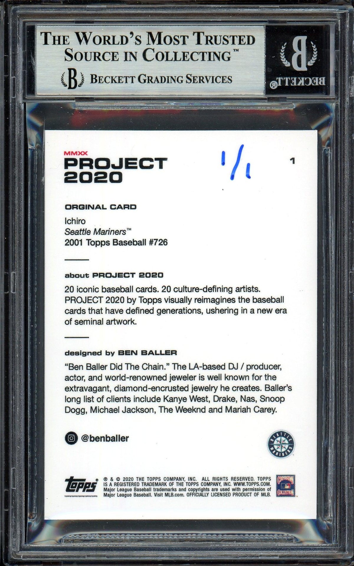 Ichiro Suzuki Autographed Topps Project 2020 Ben Baller Card #1 Seattle Mariners "10X AS" Silver #1/1 Beckett BAS #13713735