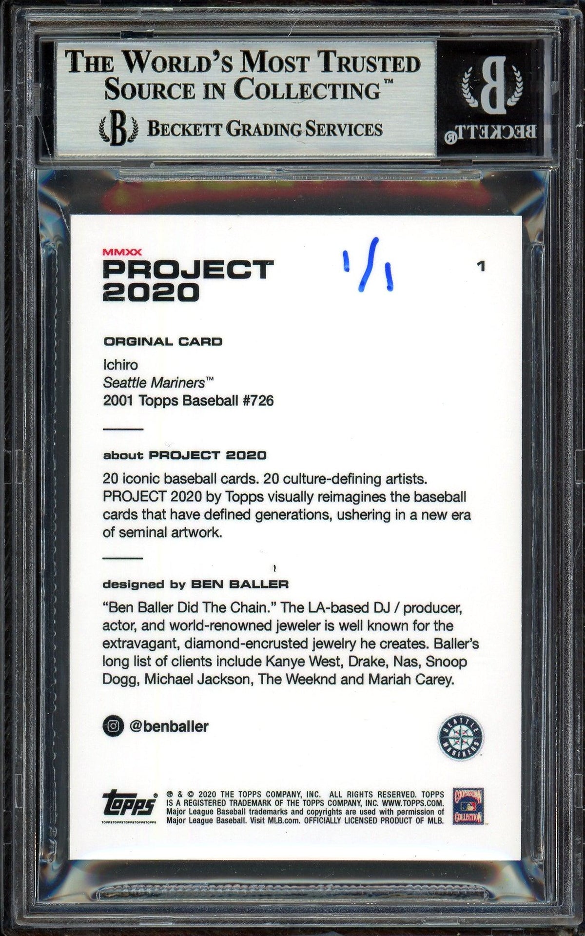 Ichiro Suzuki Autographed Topps Project 2020 Ben Baller Card #1 Seattle Mariners "311 BA" Silver #1/1 Beckett BAS #13713742