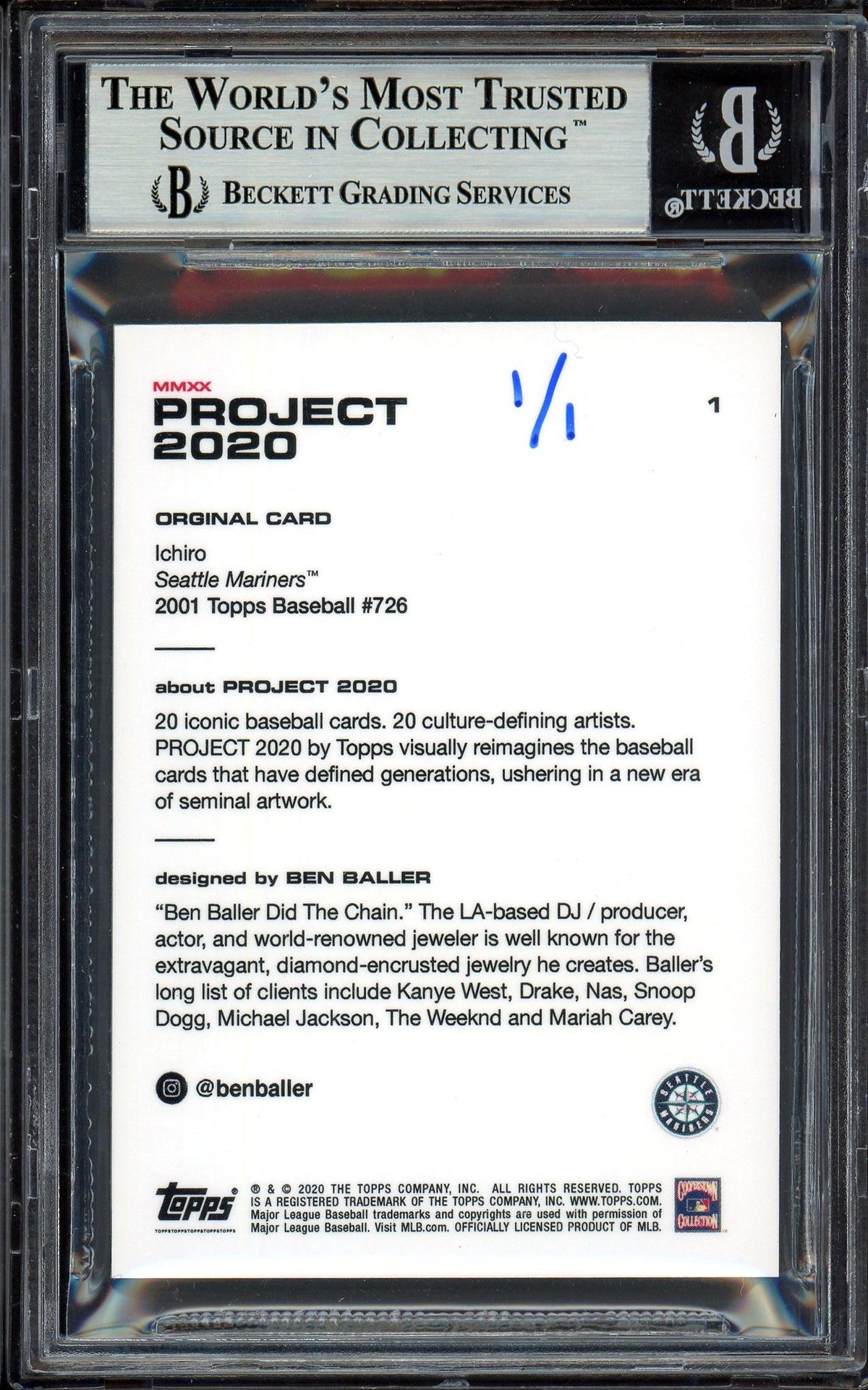 Ichiro Suzuki Autographed Topps Project 2020 Ben Baller Card #1 Seattle Mariners "2001" Silver #1/1 Beckett BAS #13713737