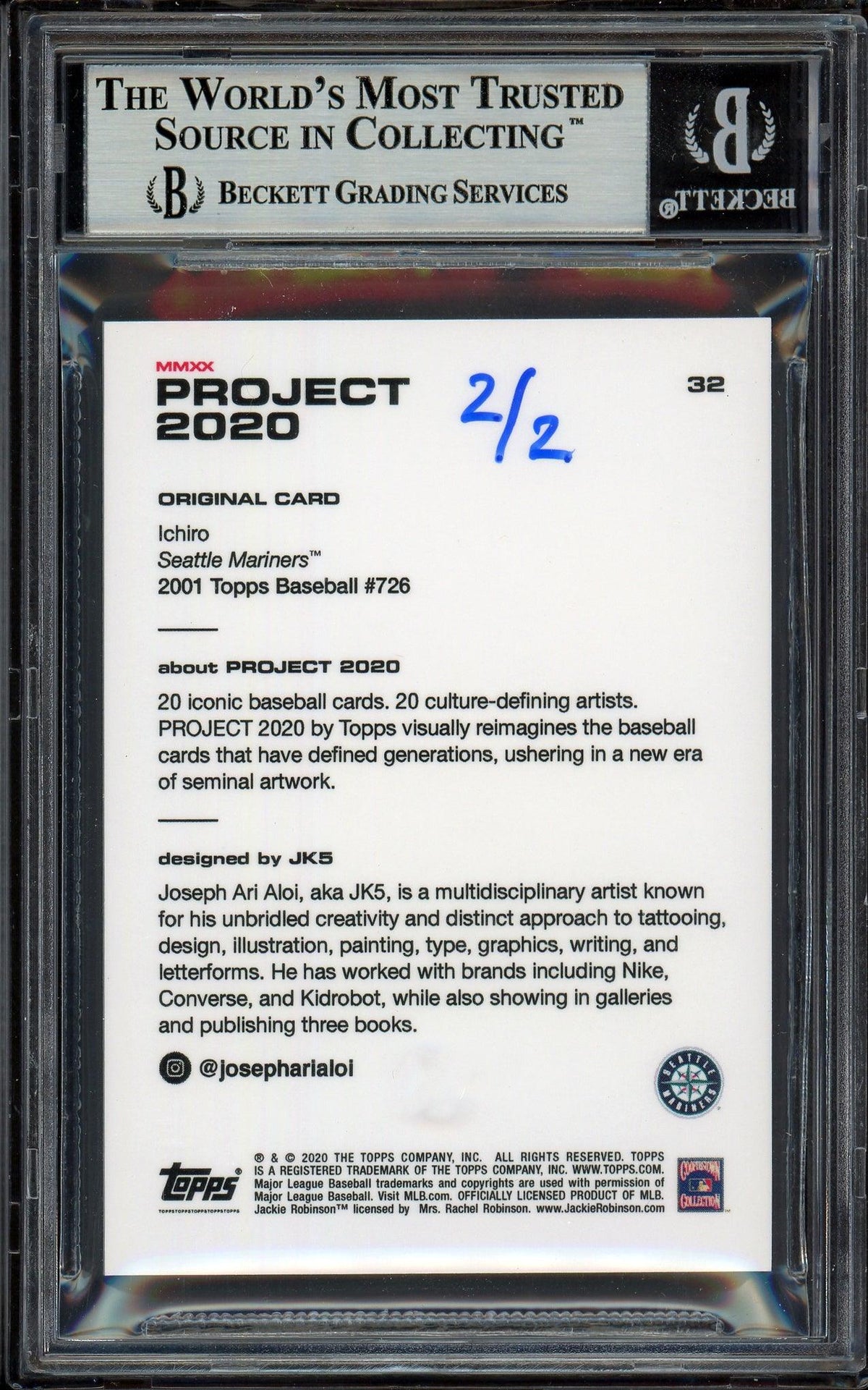 Ichiro Suzuki Autographed Topps Project 2020 JK5 Card #32 Seattle Mariners Silver #2/2 Beckett BAS #13713751