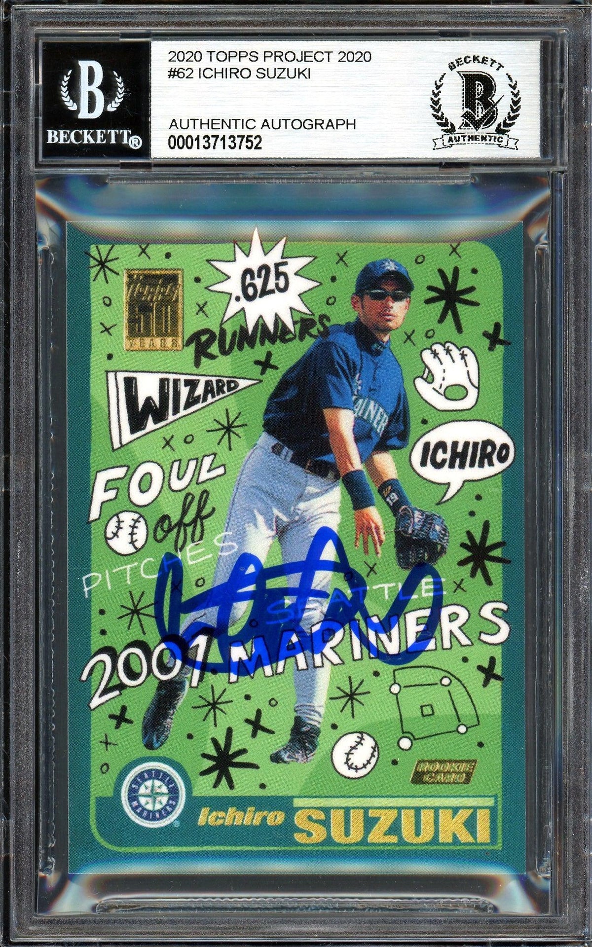 Ichiro Suzuki Autographed Topps Project 2020 Sophia Chang Card #62 Seattle Mariners Blue #1/10 Beckett BAS #13713752