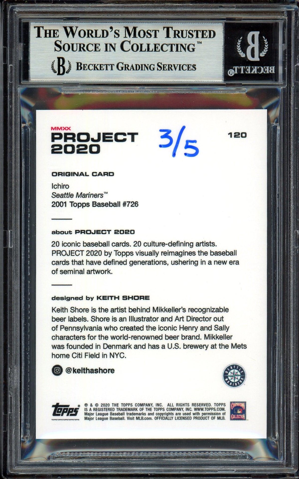 Ichiro Suzuki Autographed Topps Project 2020 Keith Shore Card #120 Seattle Mariners Gold #3/5 Beckett BAS #13713786