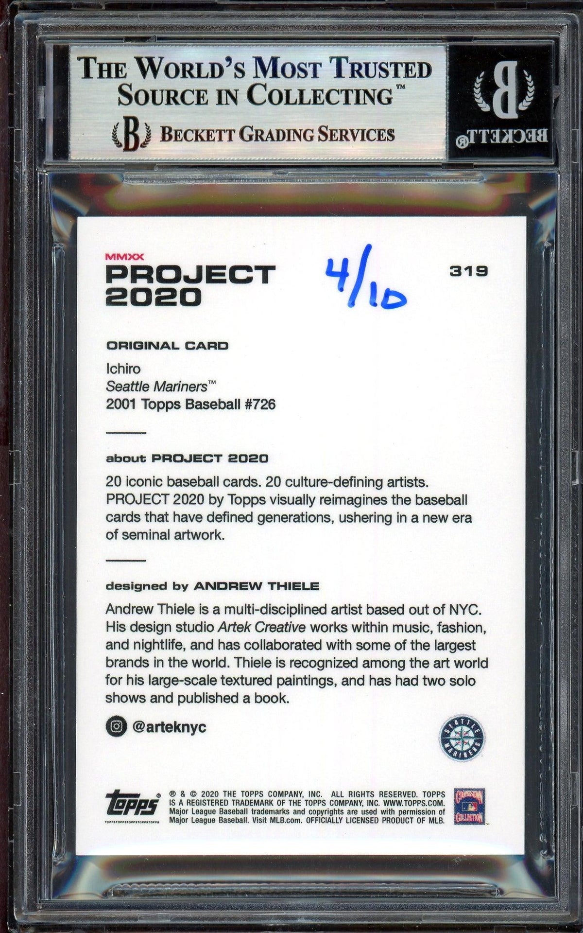 Ichiro Suzuki Autographed Topps Project 2020 Andrew Thiele Card #319 Seattle Mariners Black #4/10 Beckett BAS #13714184