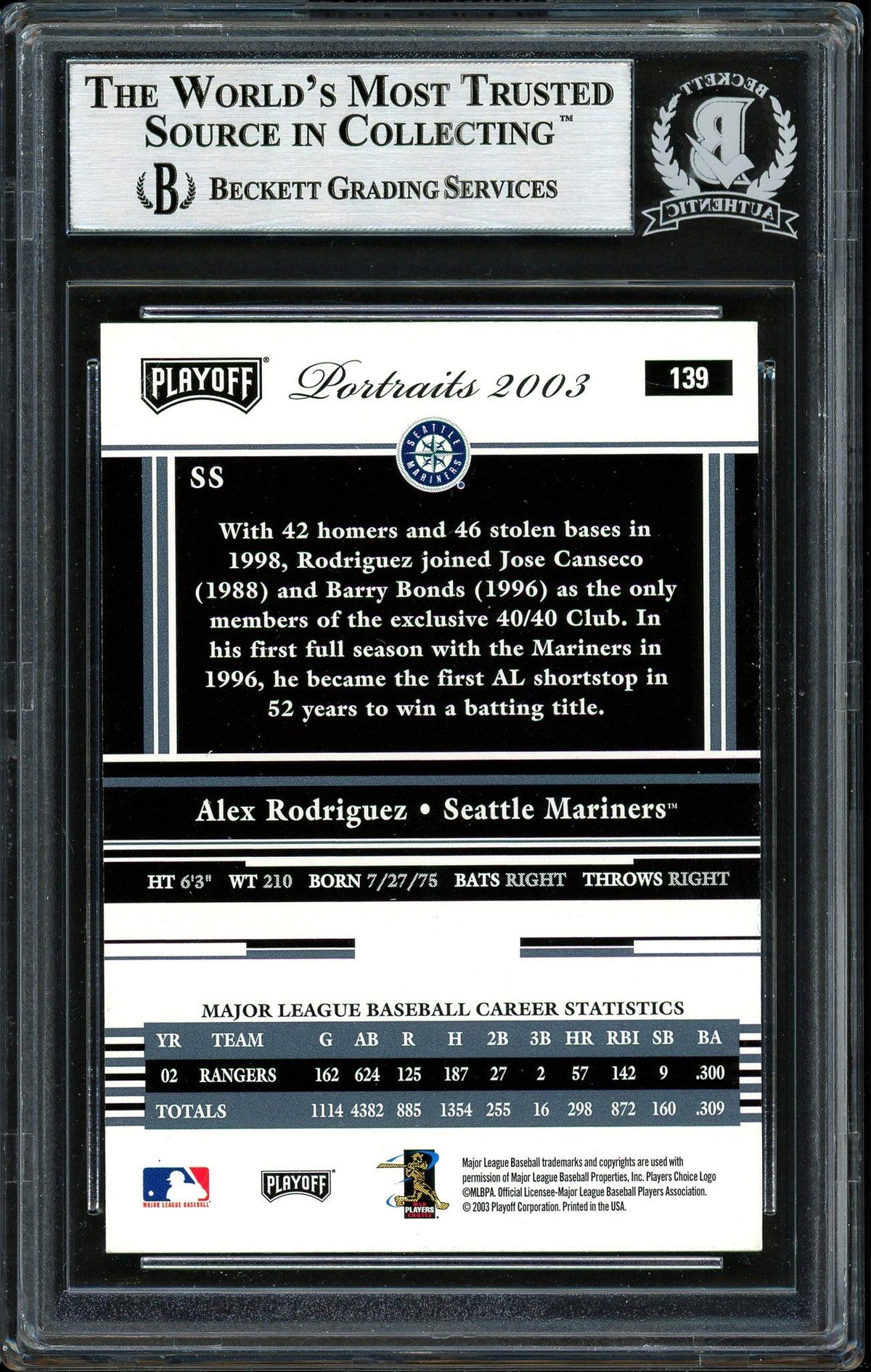 Alex Rodriguez Autographed 2003 Playoff Portraits Card #139 Seattle Mariners Beckett BAS #12410420
