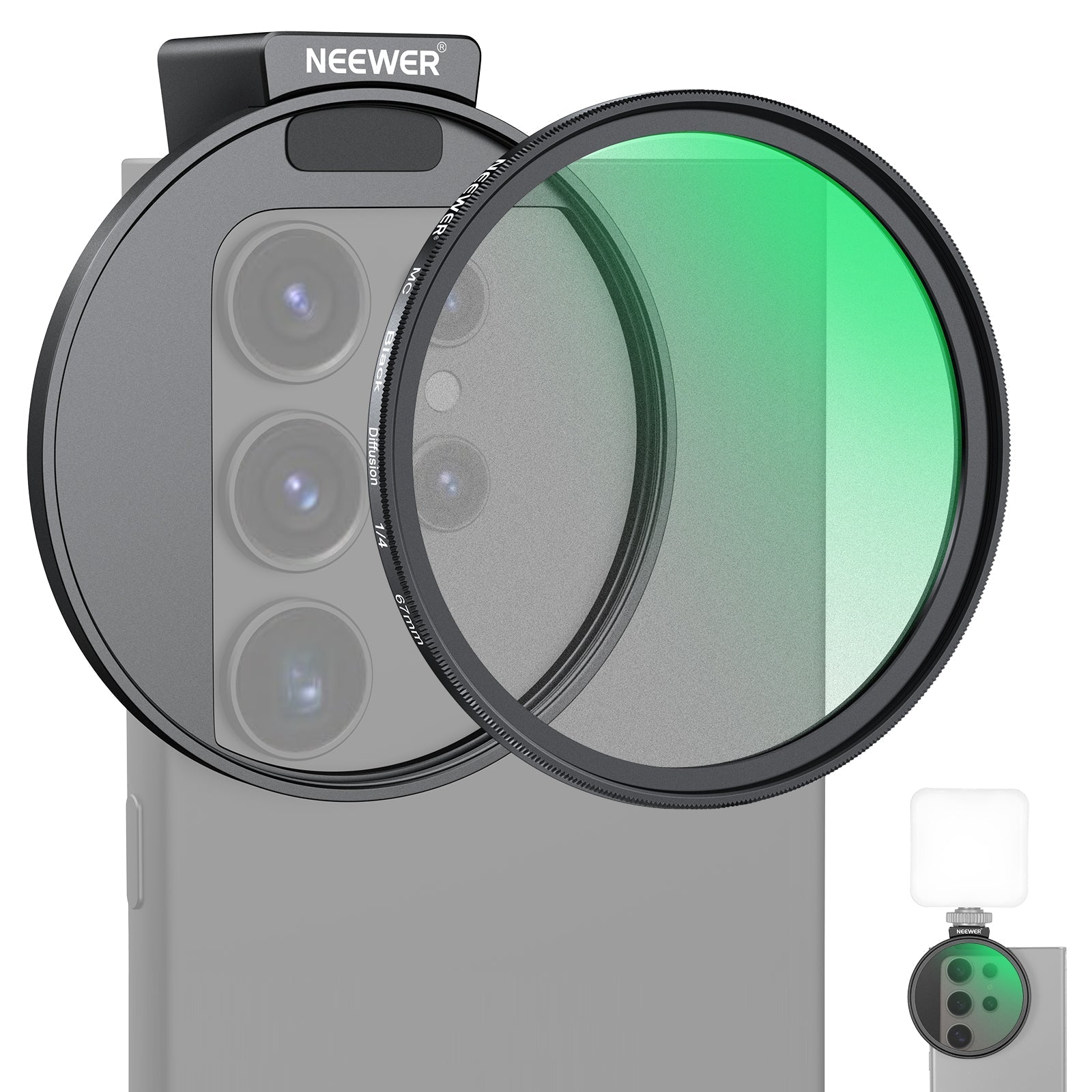 NEEWER FL-88 67mm 1/4 Black Diffusion Filter & Cold Shoe Phone Clip for Phone