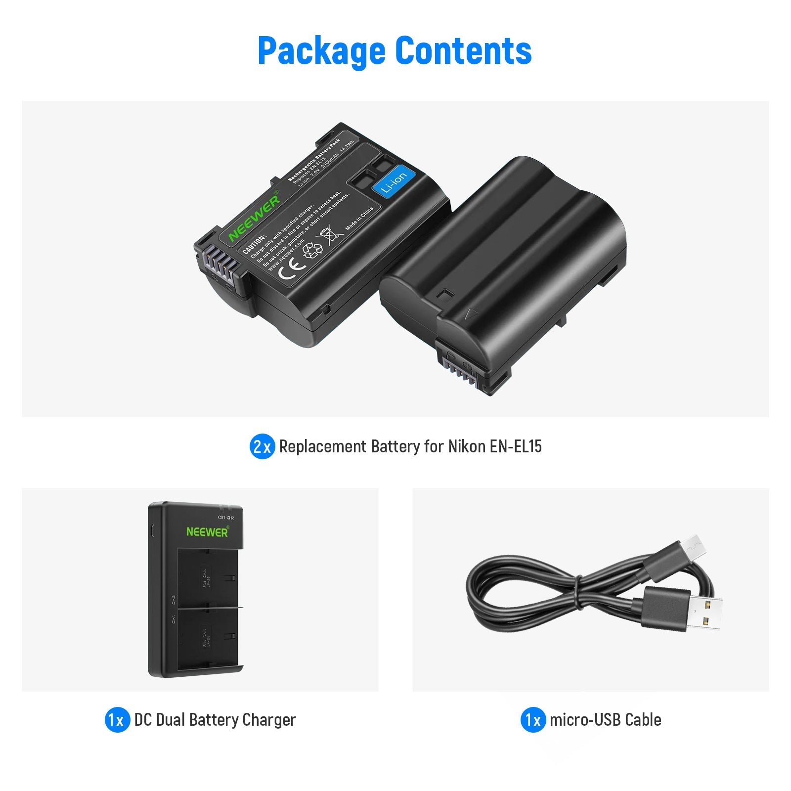 NEEWER Replacement Battery and Charger Set for Nikon EN-EL15