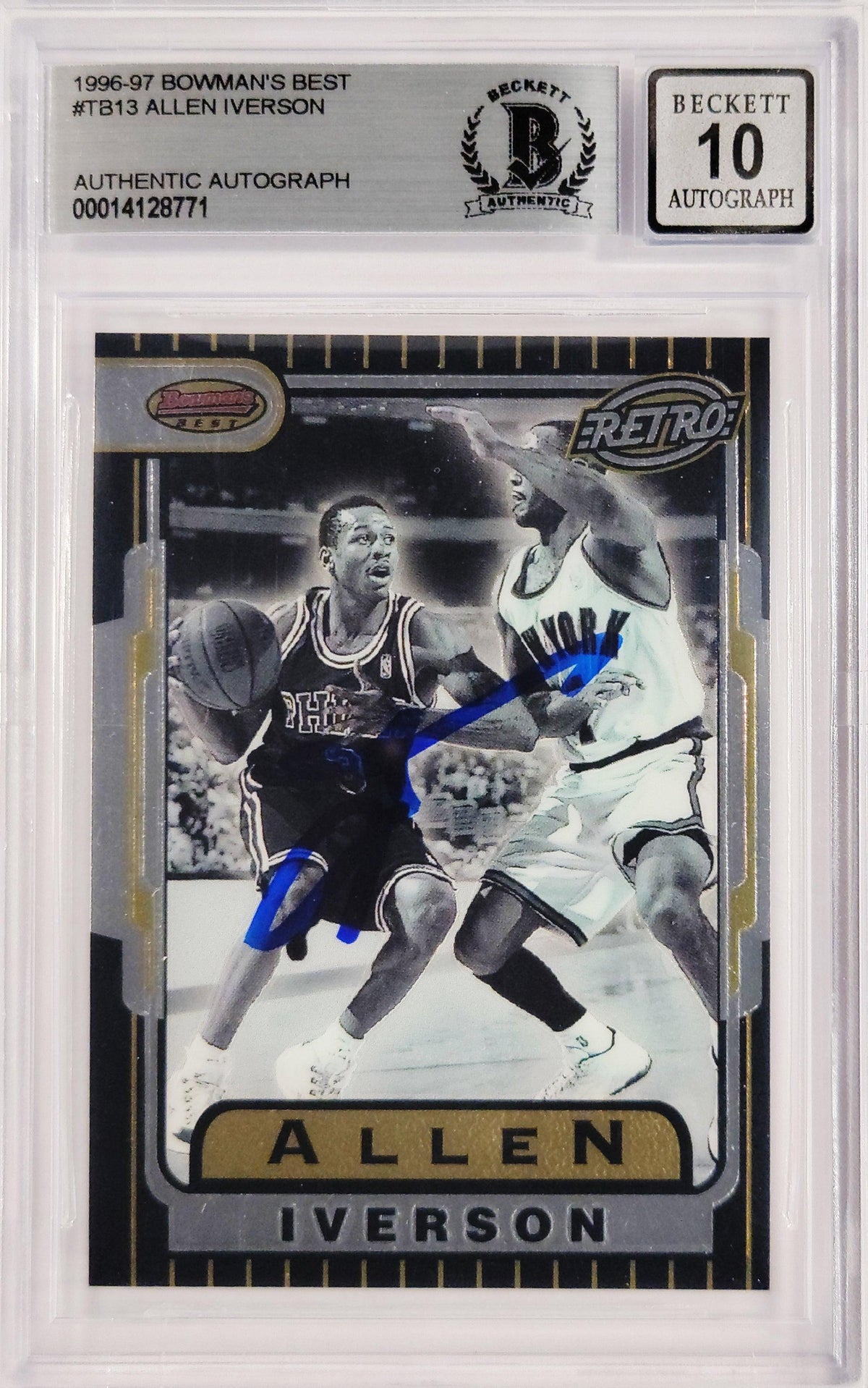 Allen Iverson Autographed 1996-97 Bowman's Best Retro Rookie Card #TB13 Philadelphia 76ers Auto Grade Gem Mint 10 Beckett BAS #14128771