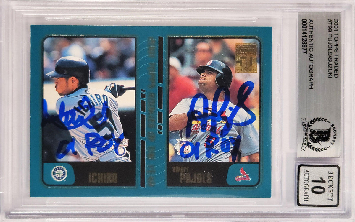 Albert Pujols & Ichiro Suzuki Autographed 2001 Topps Traded Rookie Card #T99 Auto Grade Gem Mint 10 "01 ROY" Beckett BAS #14128977