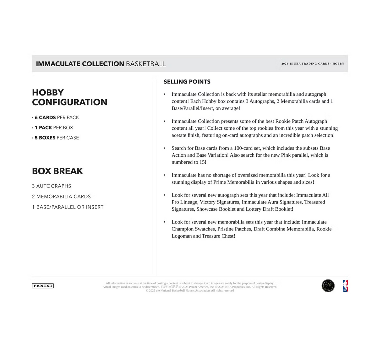 2024-25 Panini Immaculate Basketball Hobby 5-Box Case